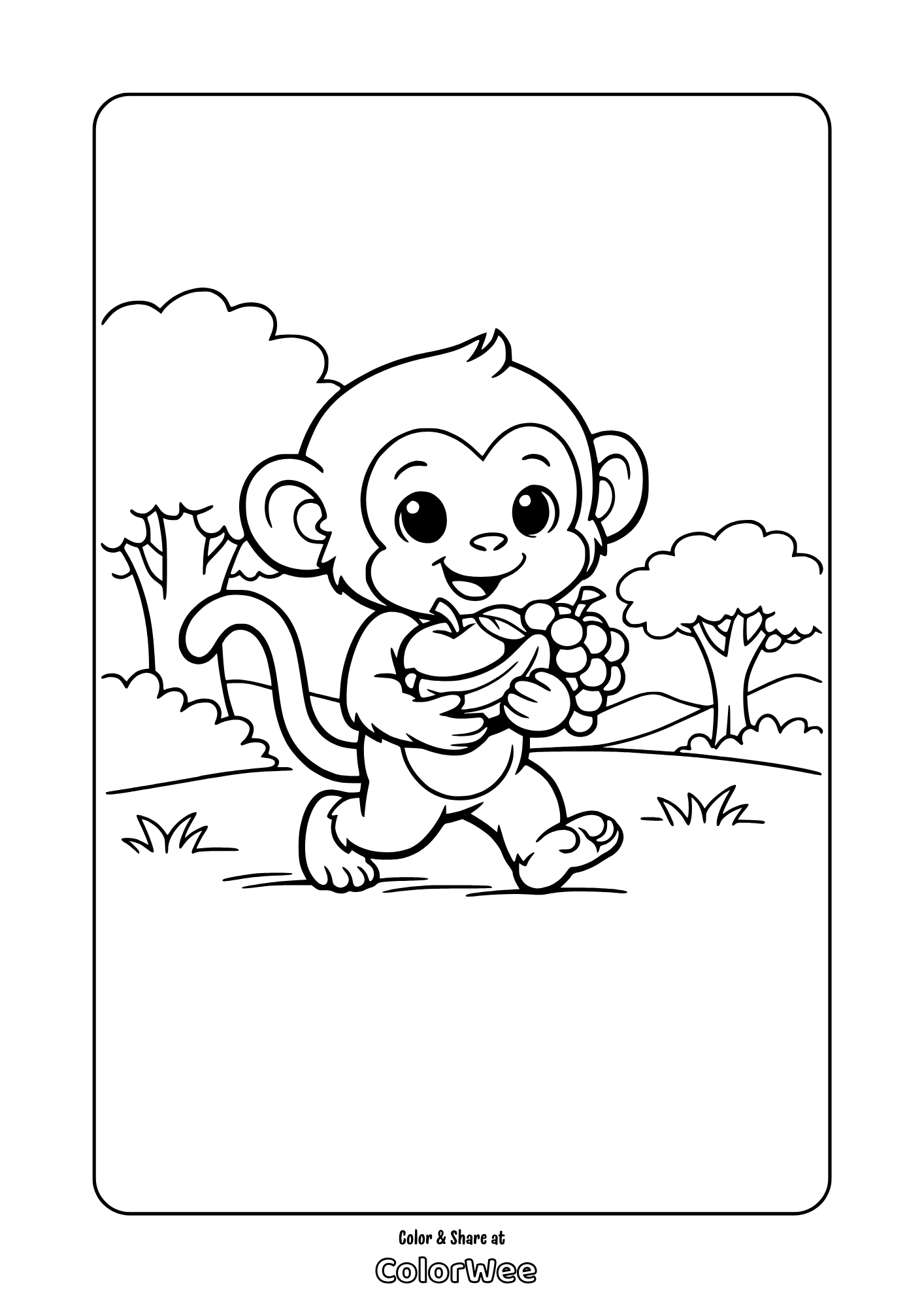 Cute monkey with bananas and grapes in jungle coloring page for kids