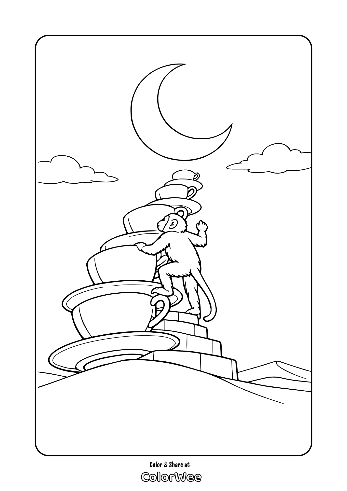 Monkey climbing stacked teacups under crescent moon coloring page