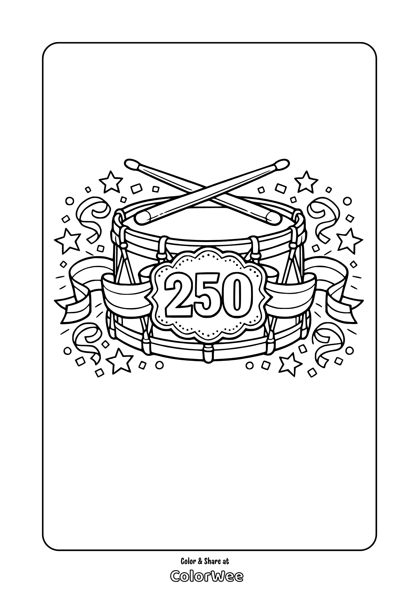 Drum celebration of America 250 printable coloring page, music coloring sheet to color