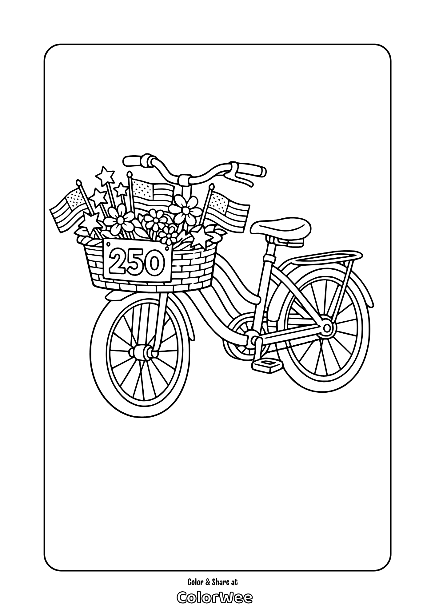 Patriotic America 250 bicycle printable coloring sheet with flags, flowers.