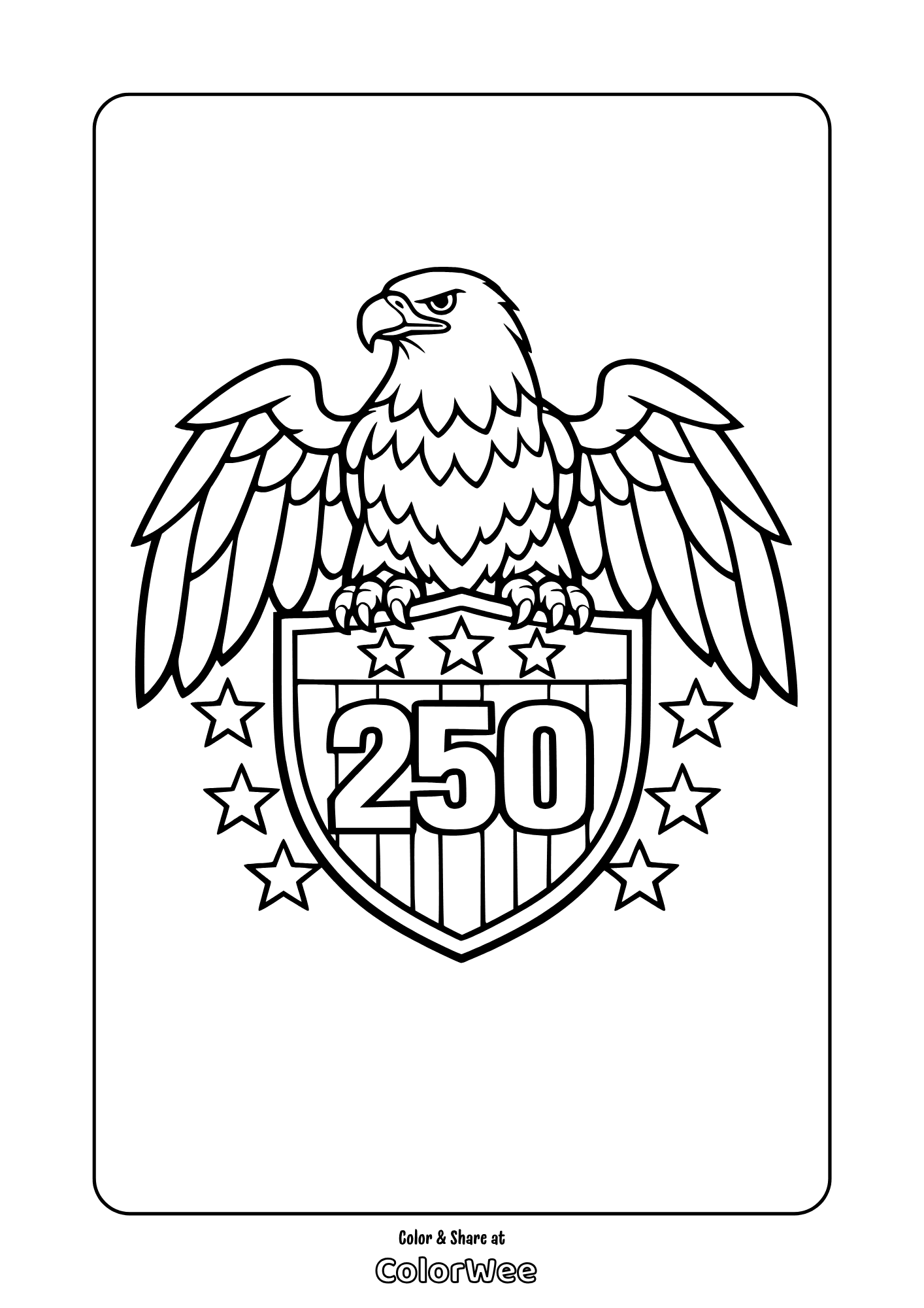 American bald eagle on 250 anniversary shield coloring page,