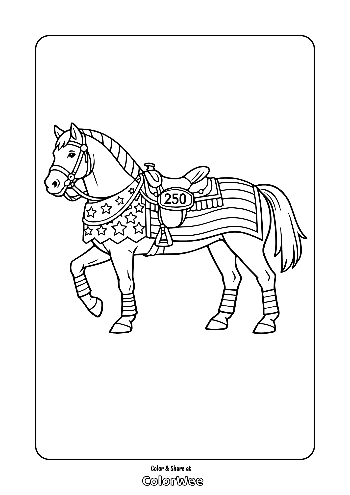 Patriotic horse coloring sheet printable. USA 250 Anniversary.