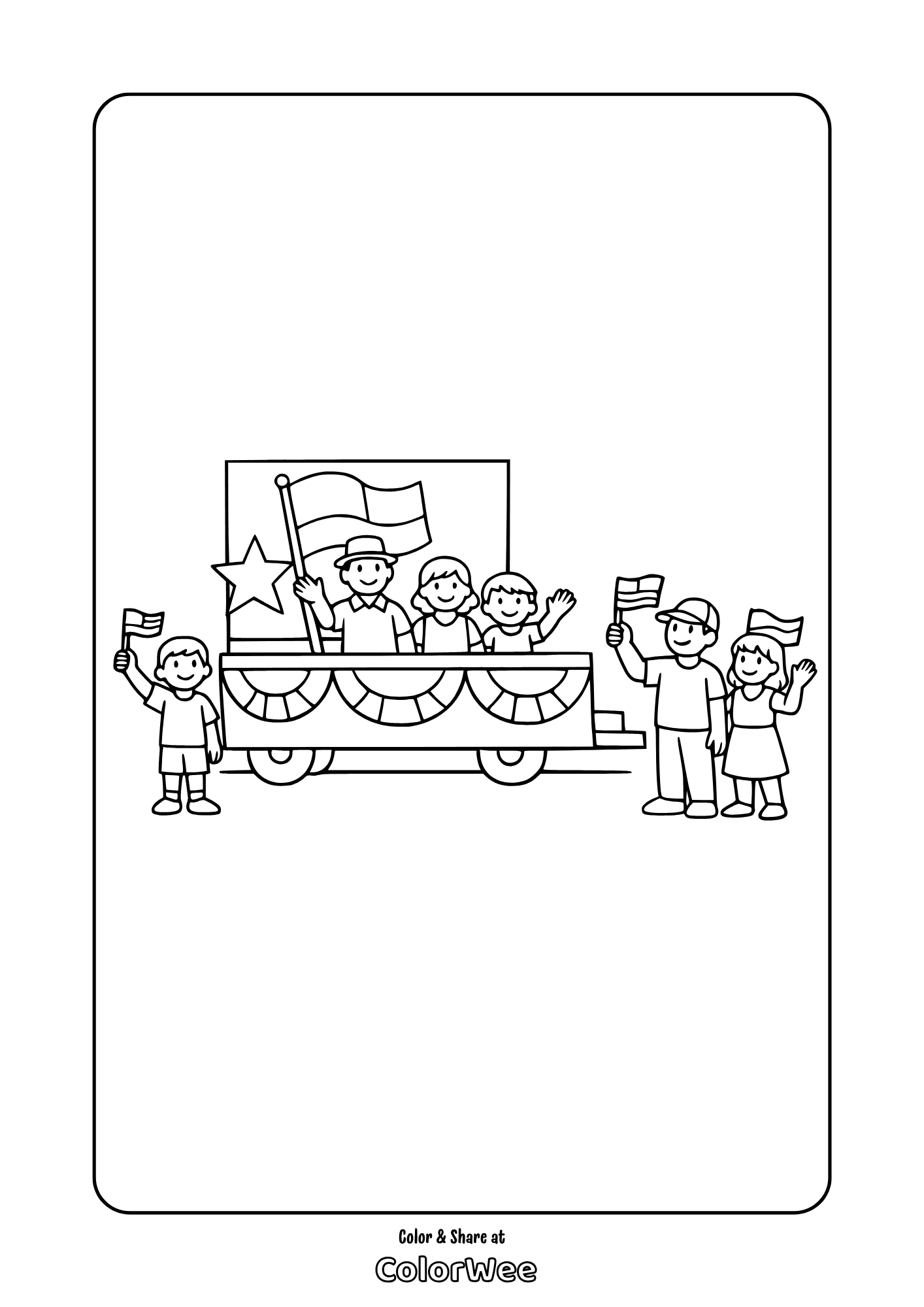 Parade float with kids waving flags - 4th of july parade coloring page.