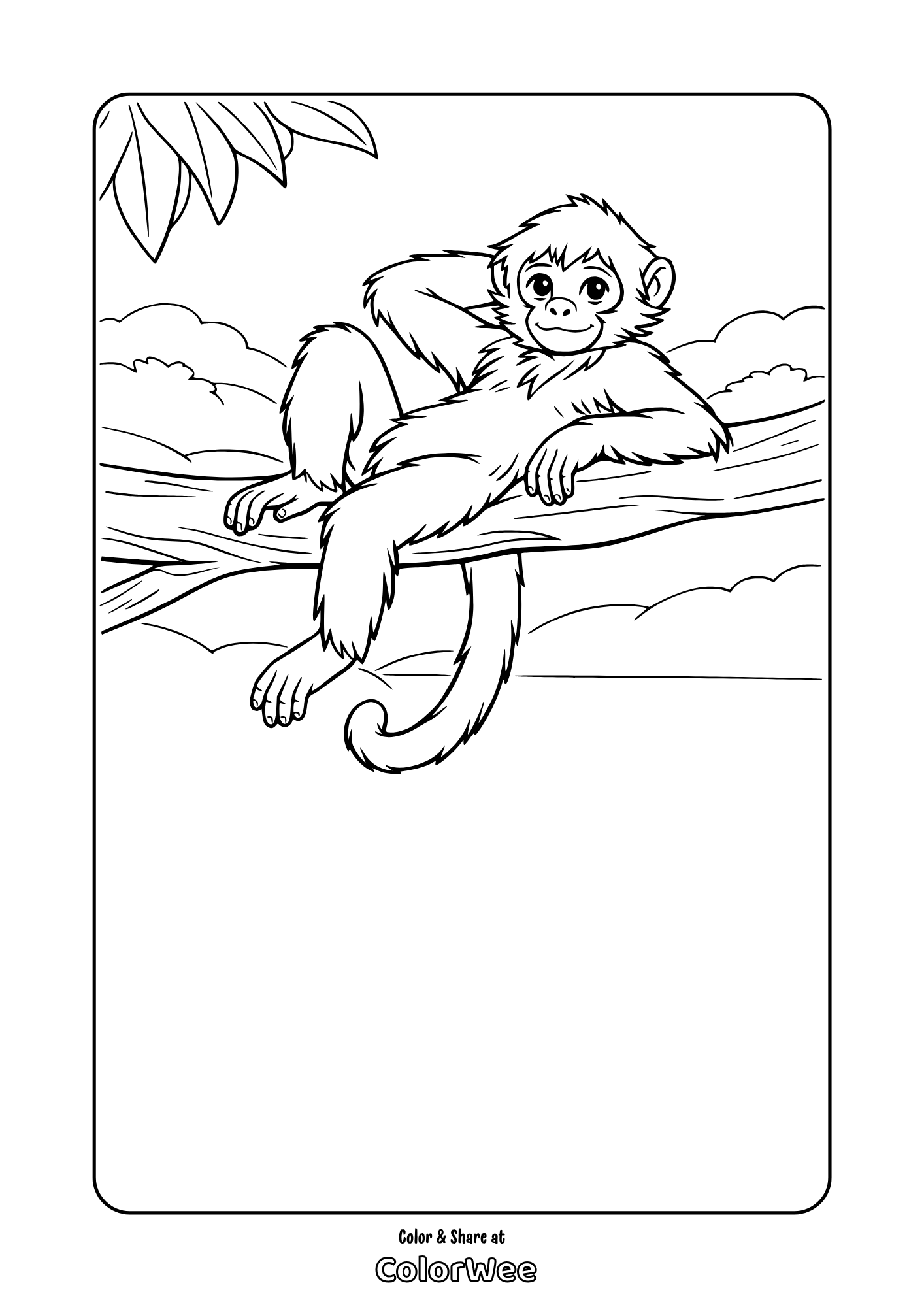 Cute monkey relaxing on jungle tree coloring page for kids to print