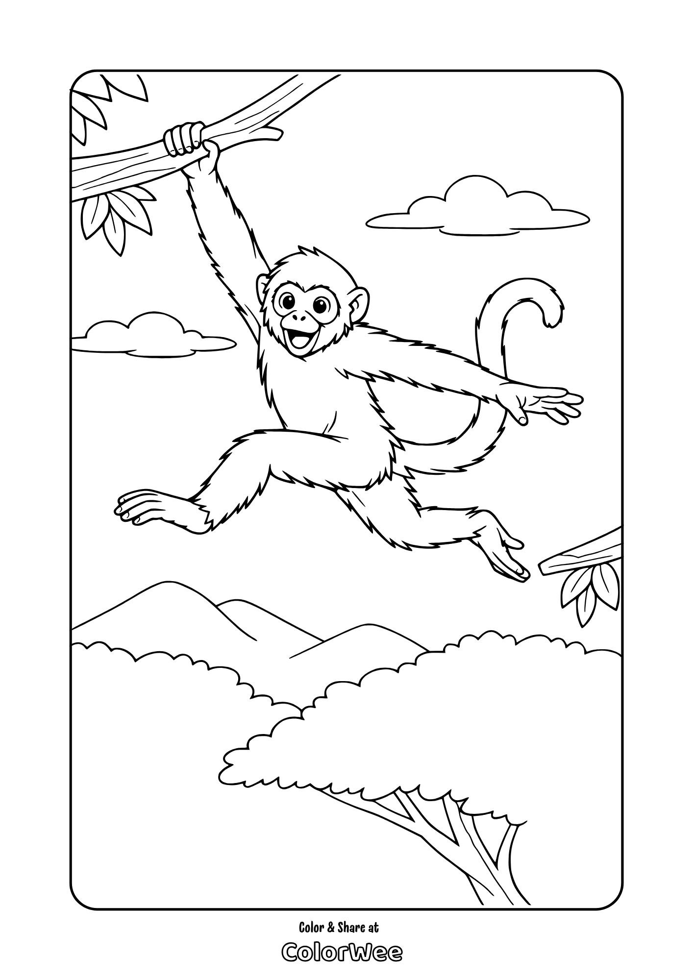 Cute monkey swinging from tree branch jungle coloring page for kids