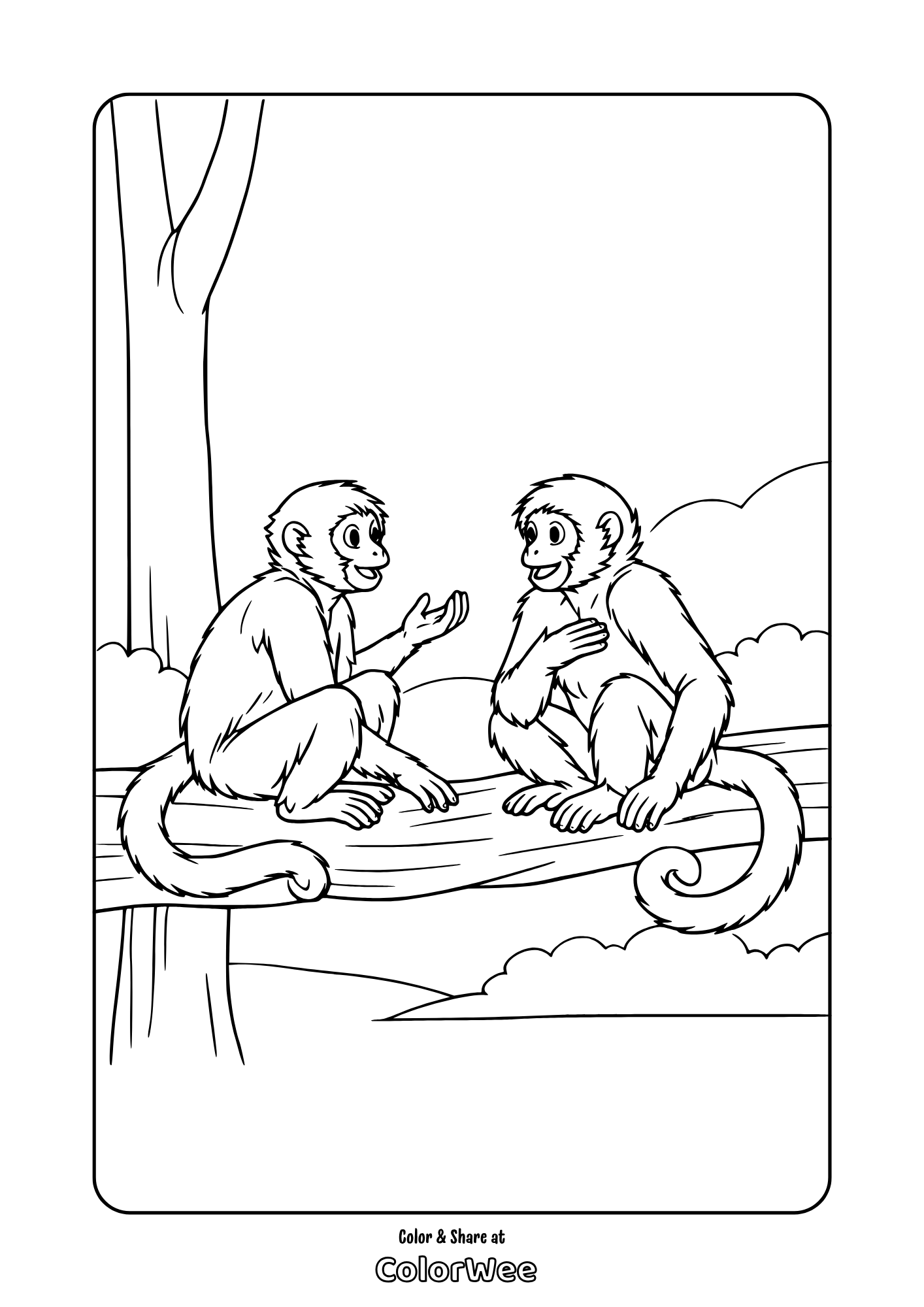 Two cute monkeys on a tree branch coloring page for kids