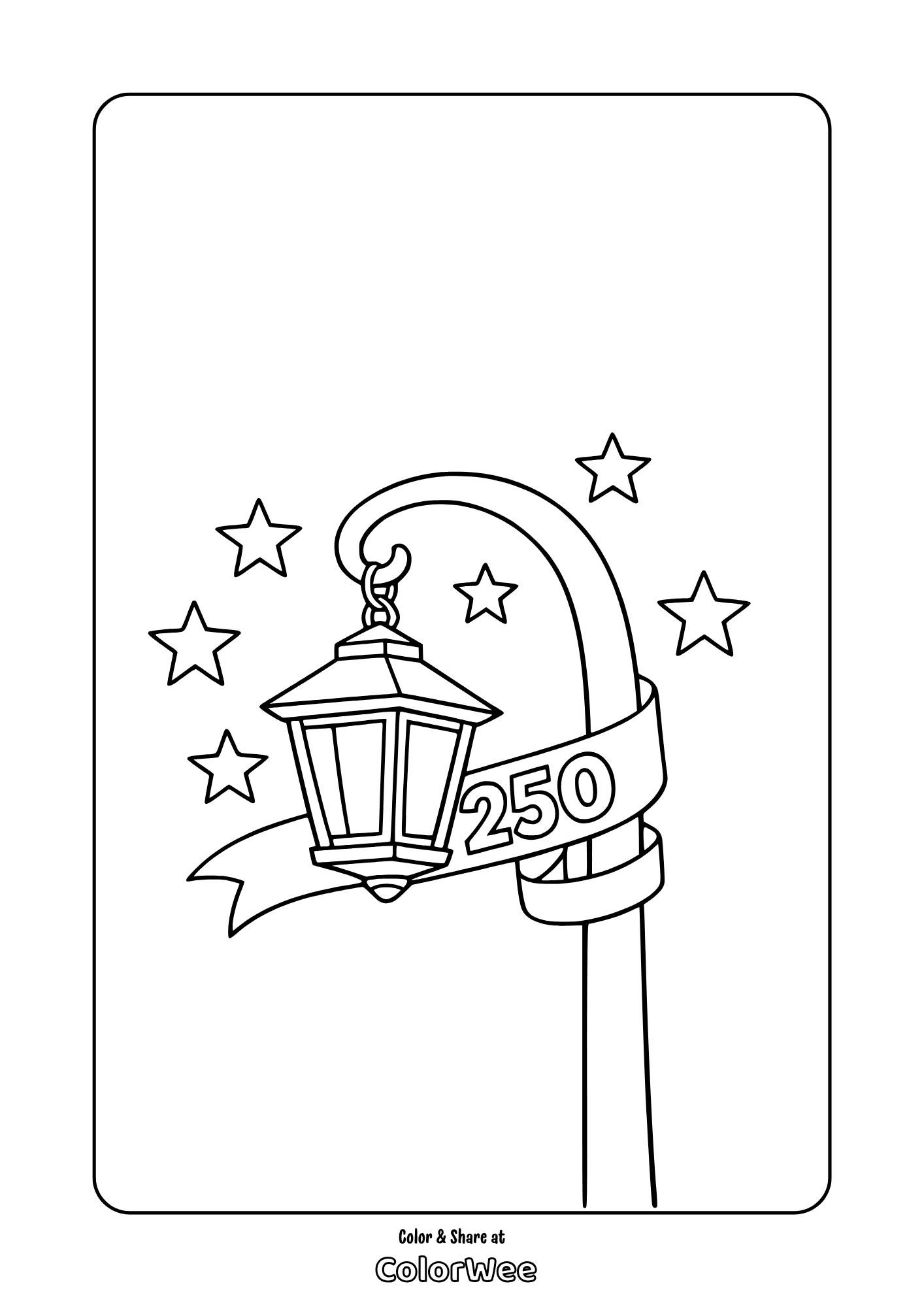 Street lamp with stars - America 250 banner printable coloring page.