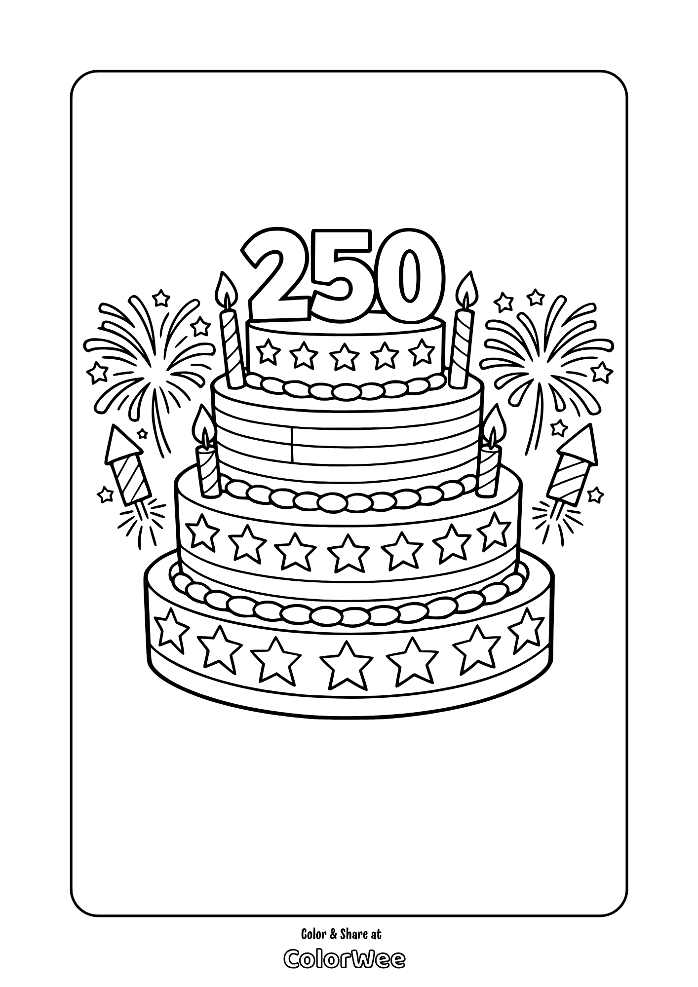 Printable 250th USA anniversary cake with fireworks coloring page