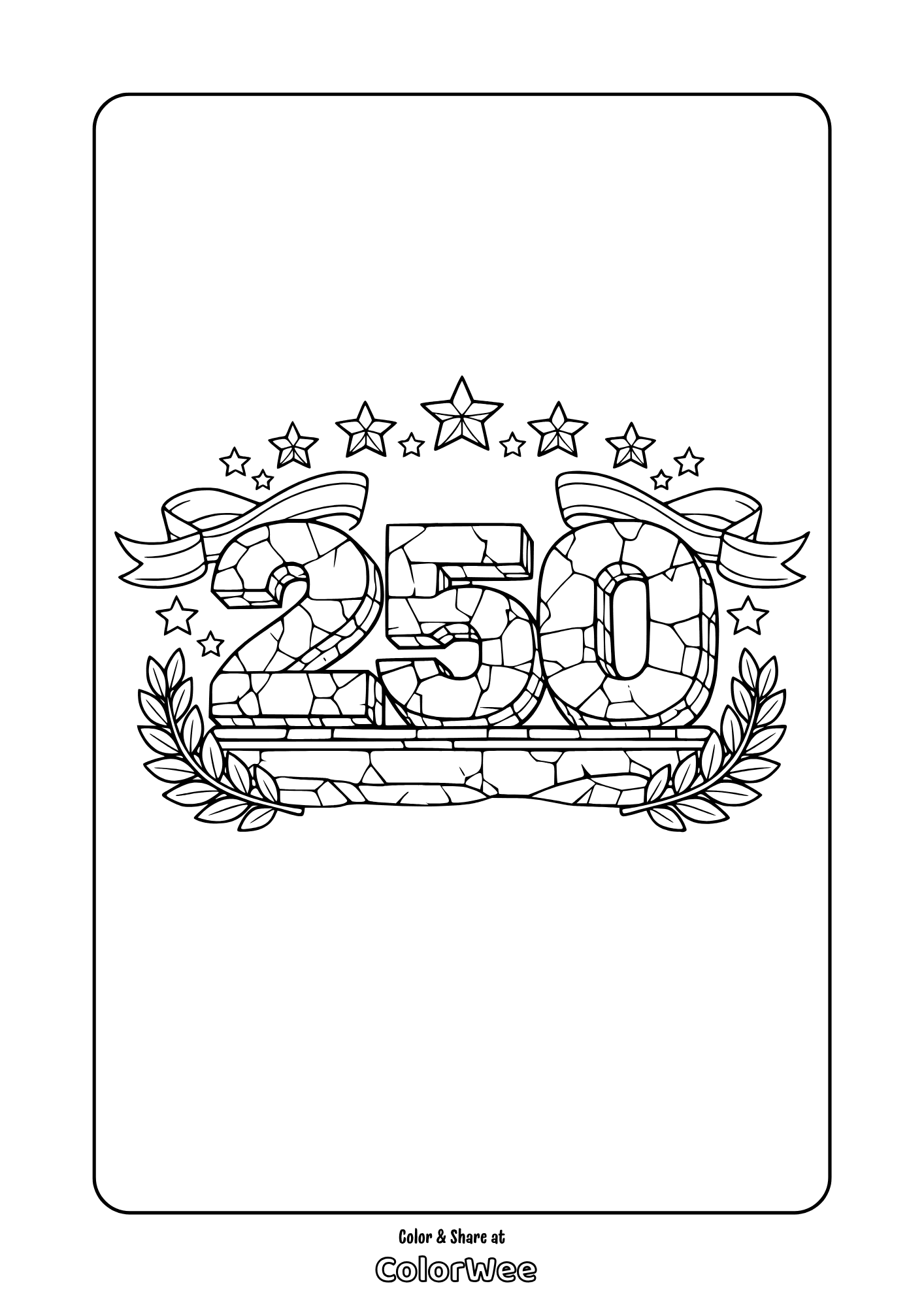 250 independence day celebration printable coloring page with stars & laurel, picture to color