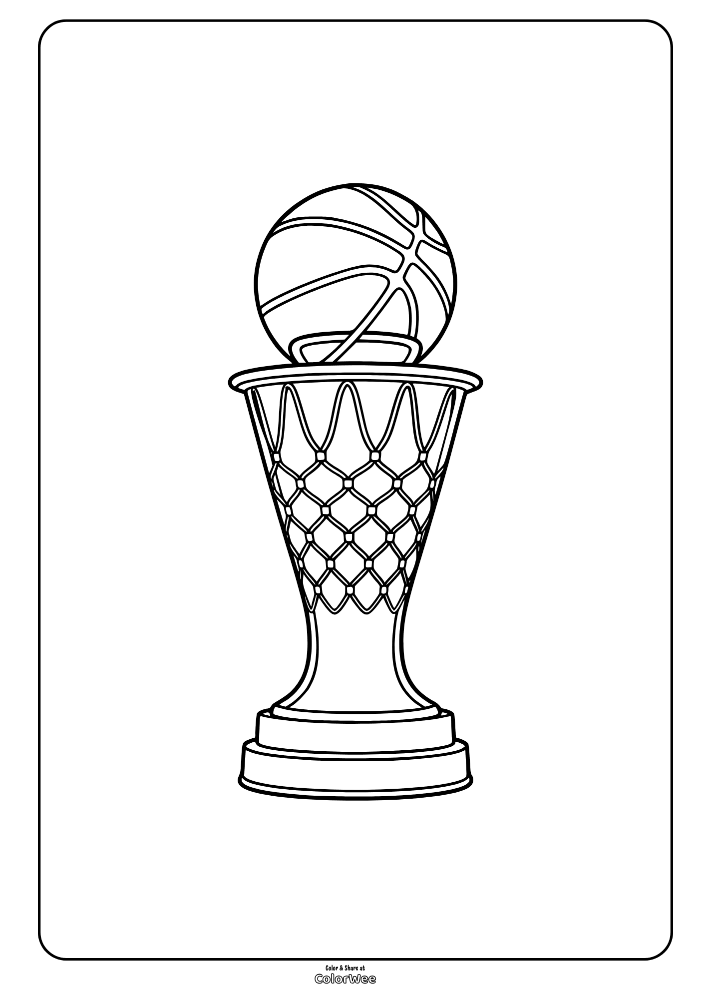 Basketball trophy coloring sheet for kids, printable sports activity