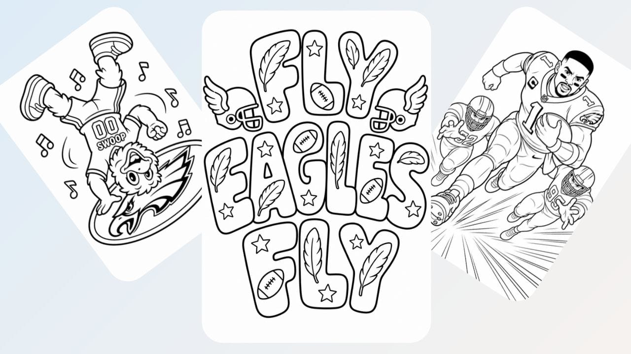 Philadelphia Eagles football players in motion beside bold FLY EAGLES FLY lettering. Collection of coloring pictures.