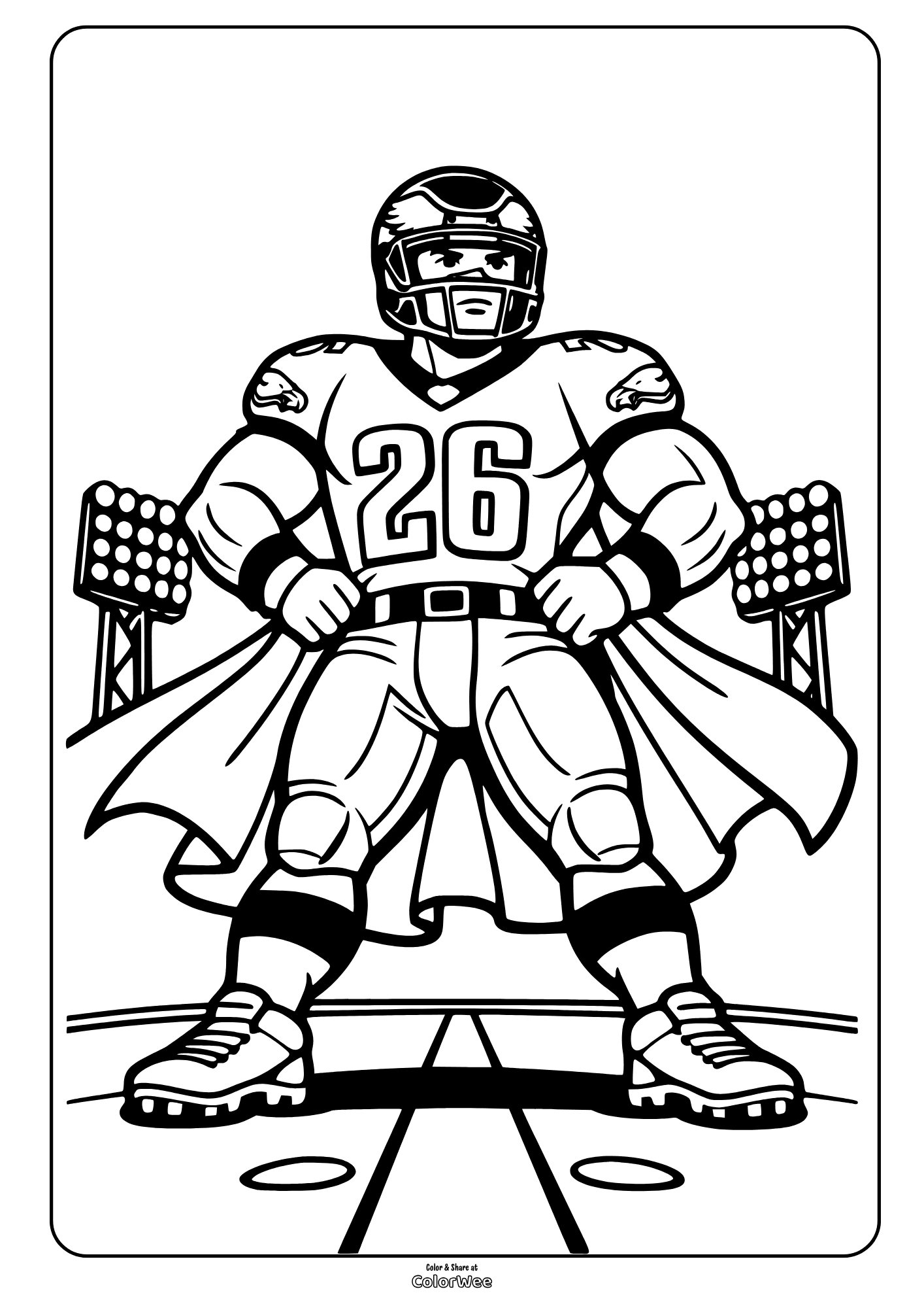 Superhero Saquon Barkley coloring sheet with helmet, cape and stadium lights
