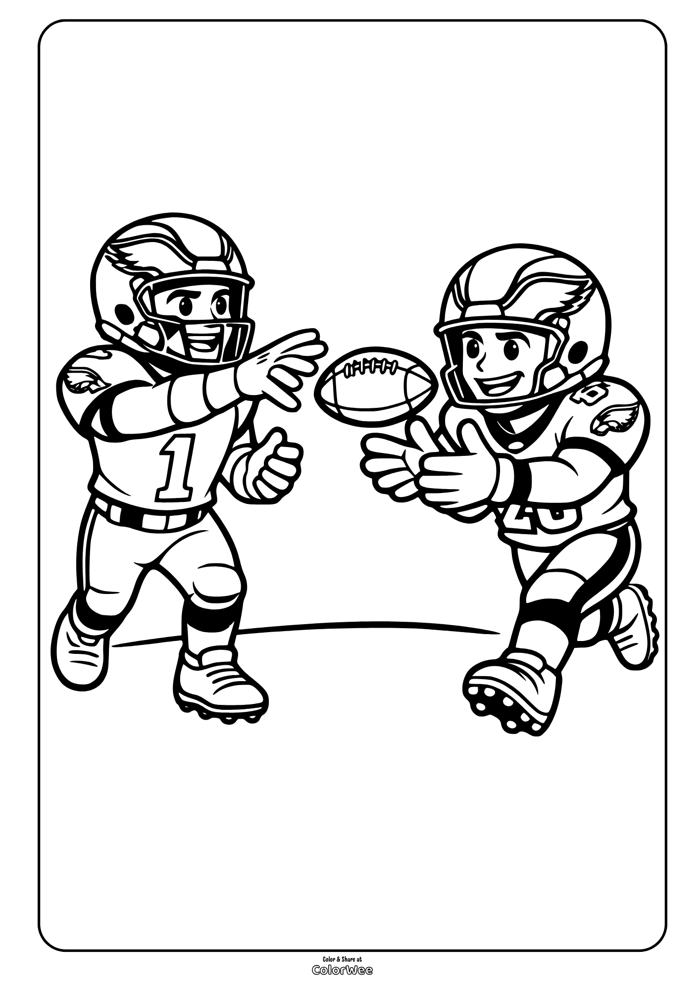 Football players passing ball coloring sheet for kids printable