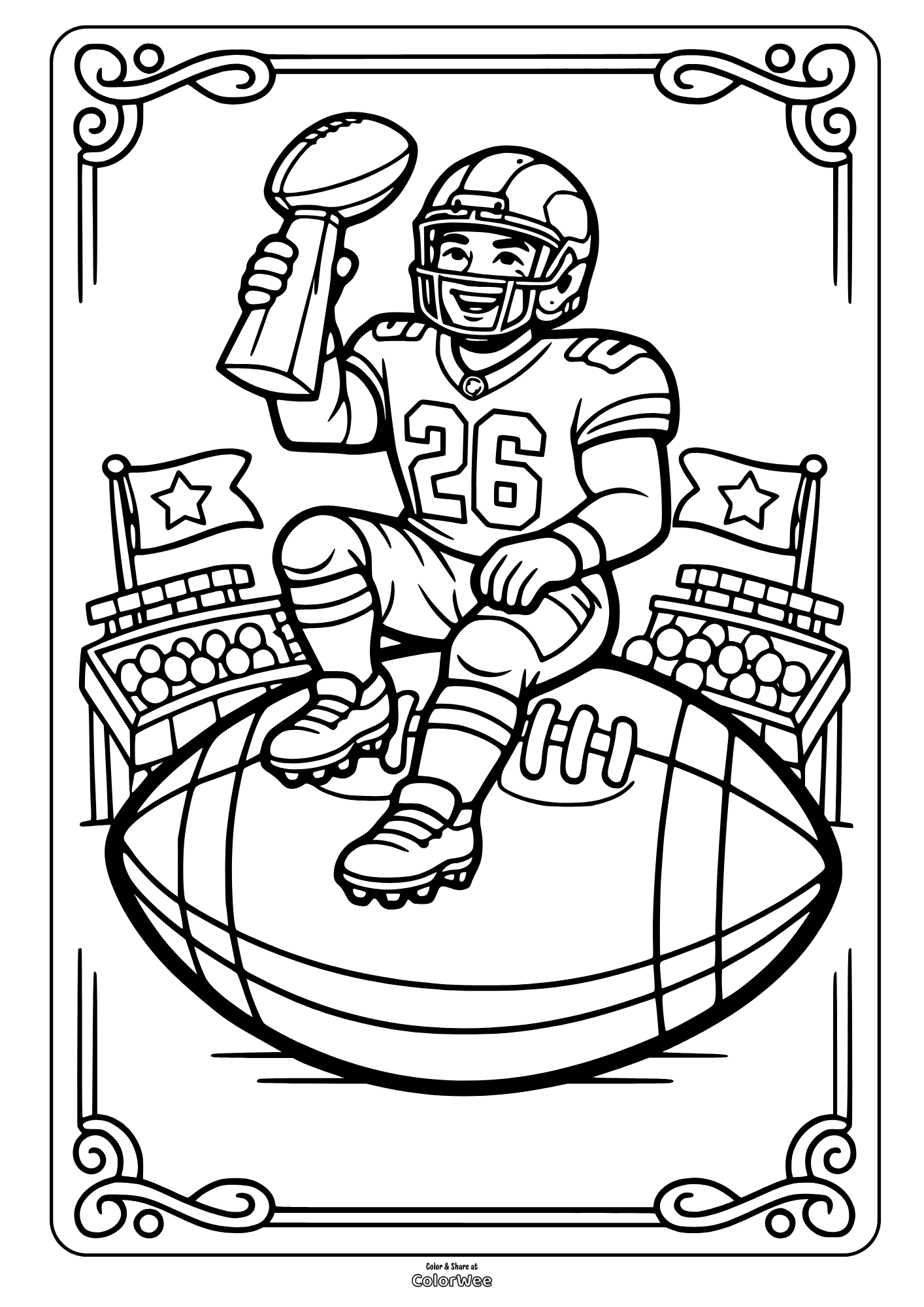 Football player Saquon Barkley holding trophy in stadium coloring sheet