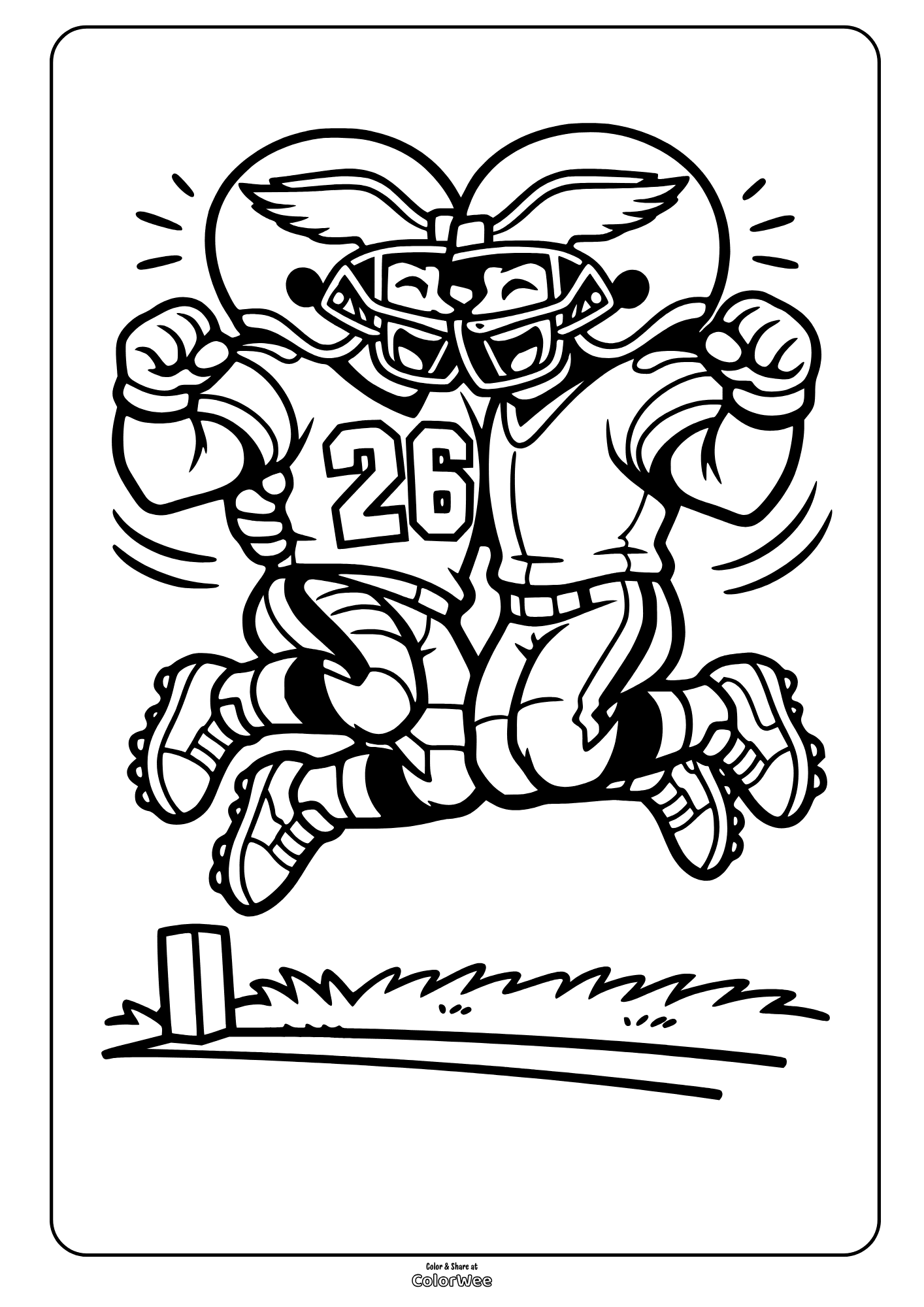 Football players celebrating jump — sports coloring sheet for kids