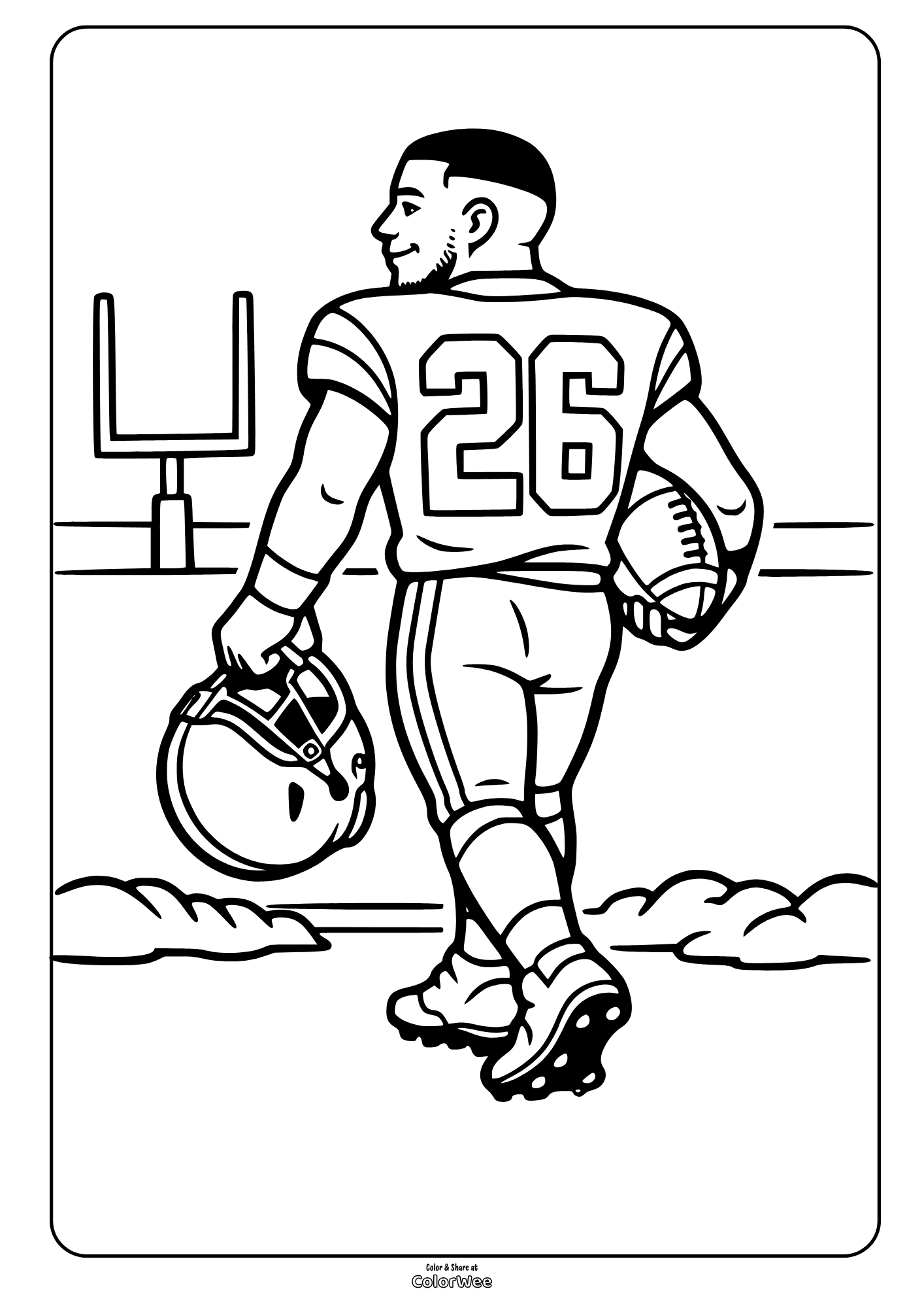 Football player 26 with ball and helmet on field coloring sheet