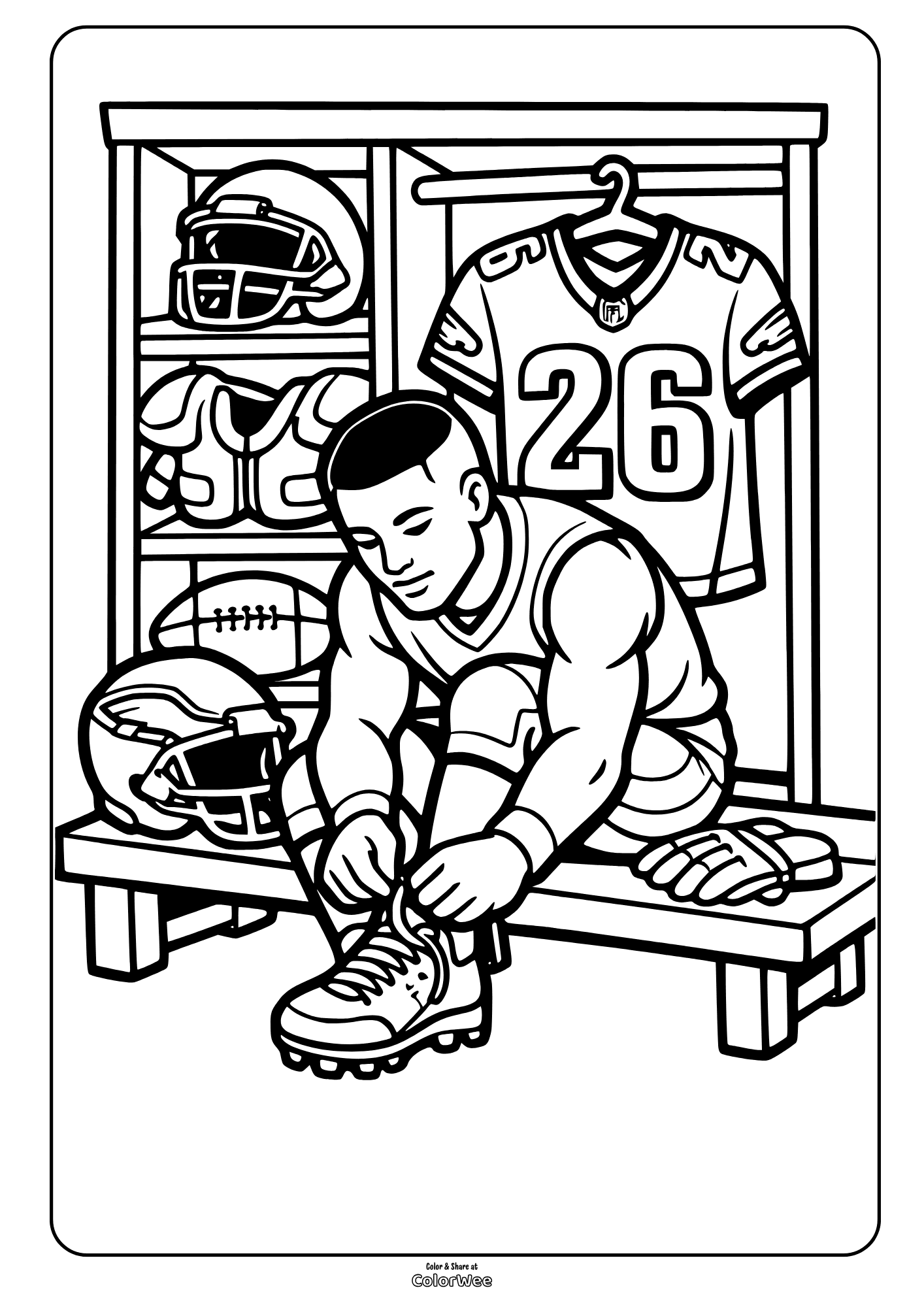 Football player Saquon Barkley in locker room tying cleats coloring sheet for kids