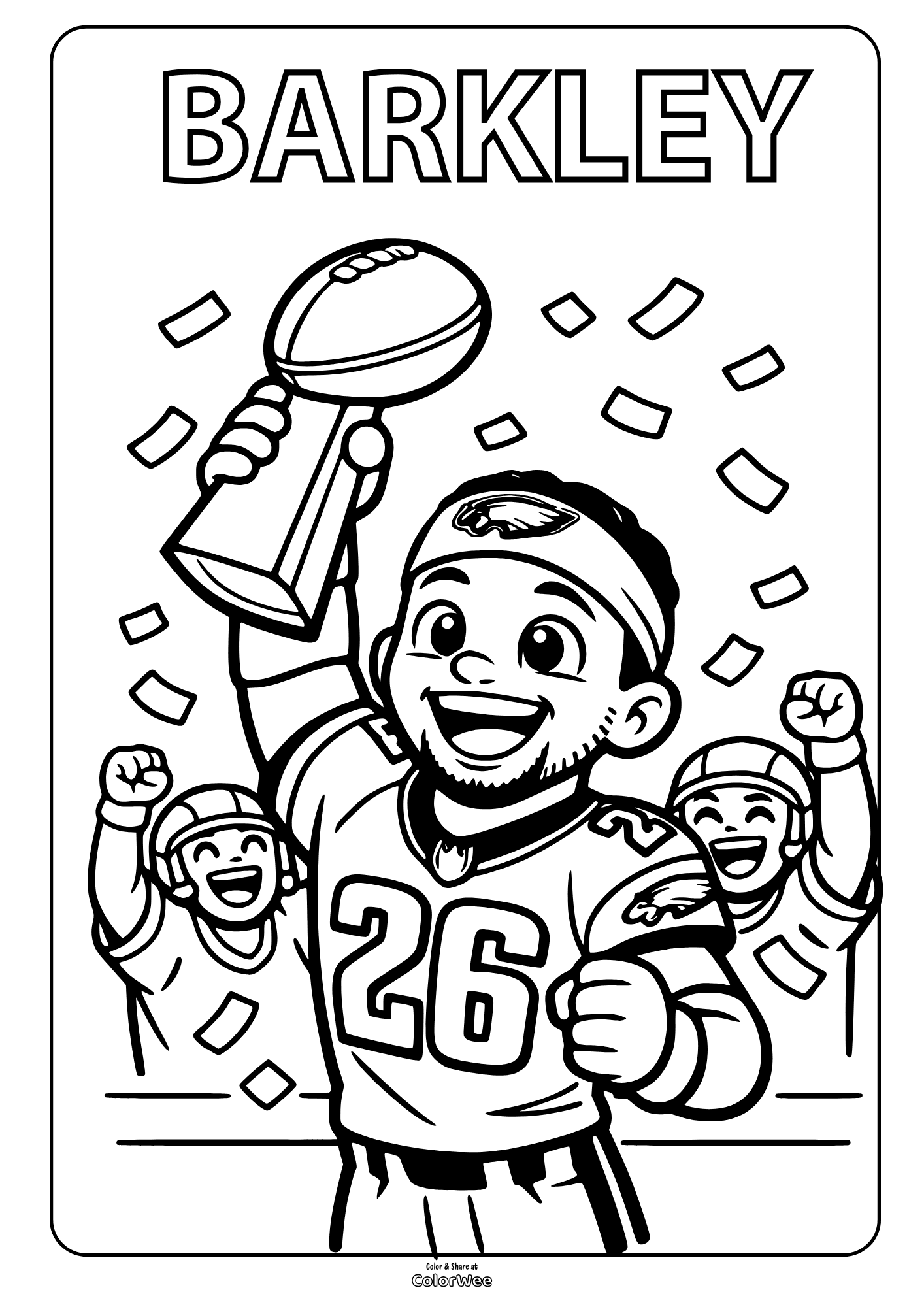 Football champion Saquon Barkley lifting trophy coloring sheet with teammates, confetti