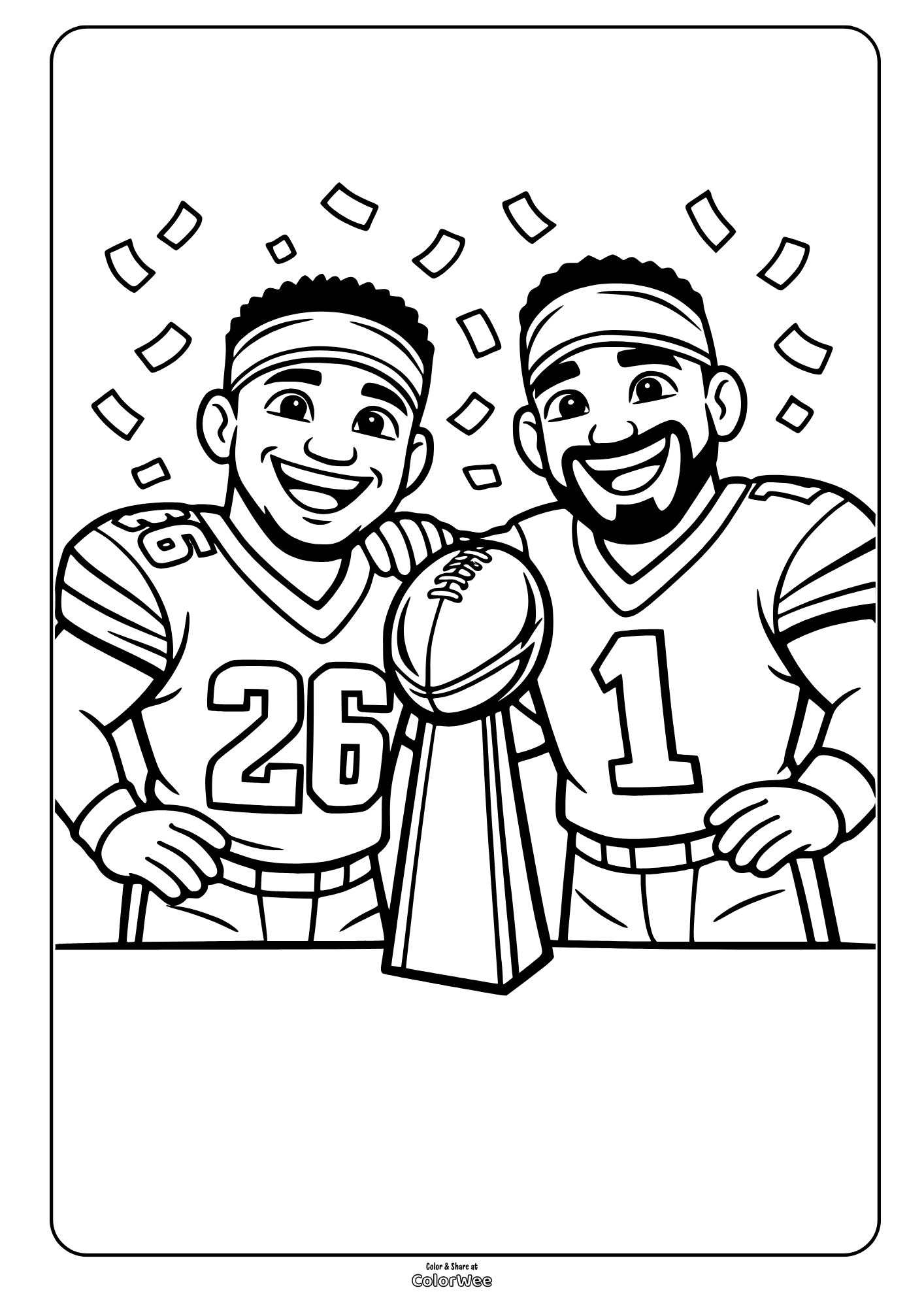 Football champions with trophy and confetti coloring sheet