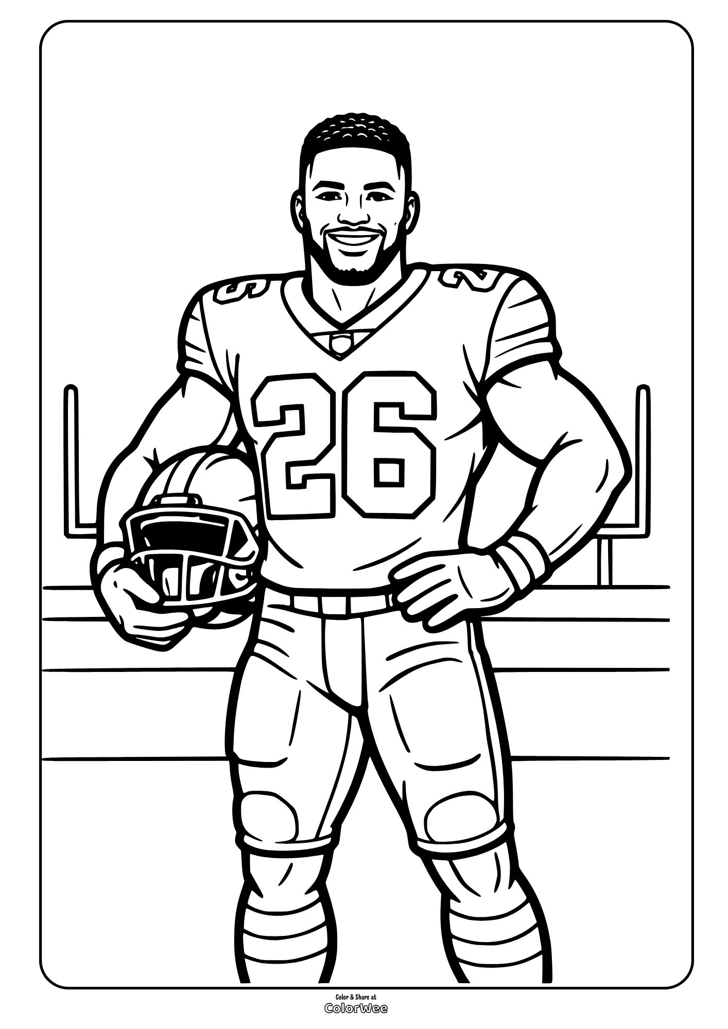 American football player Saquon Barkley with helmet, number 26 coloring sheet for kids