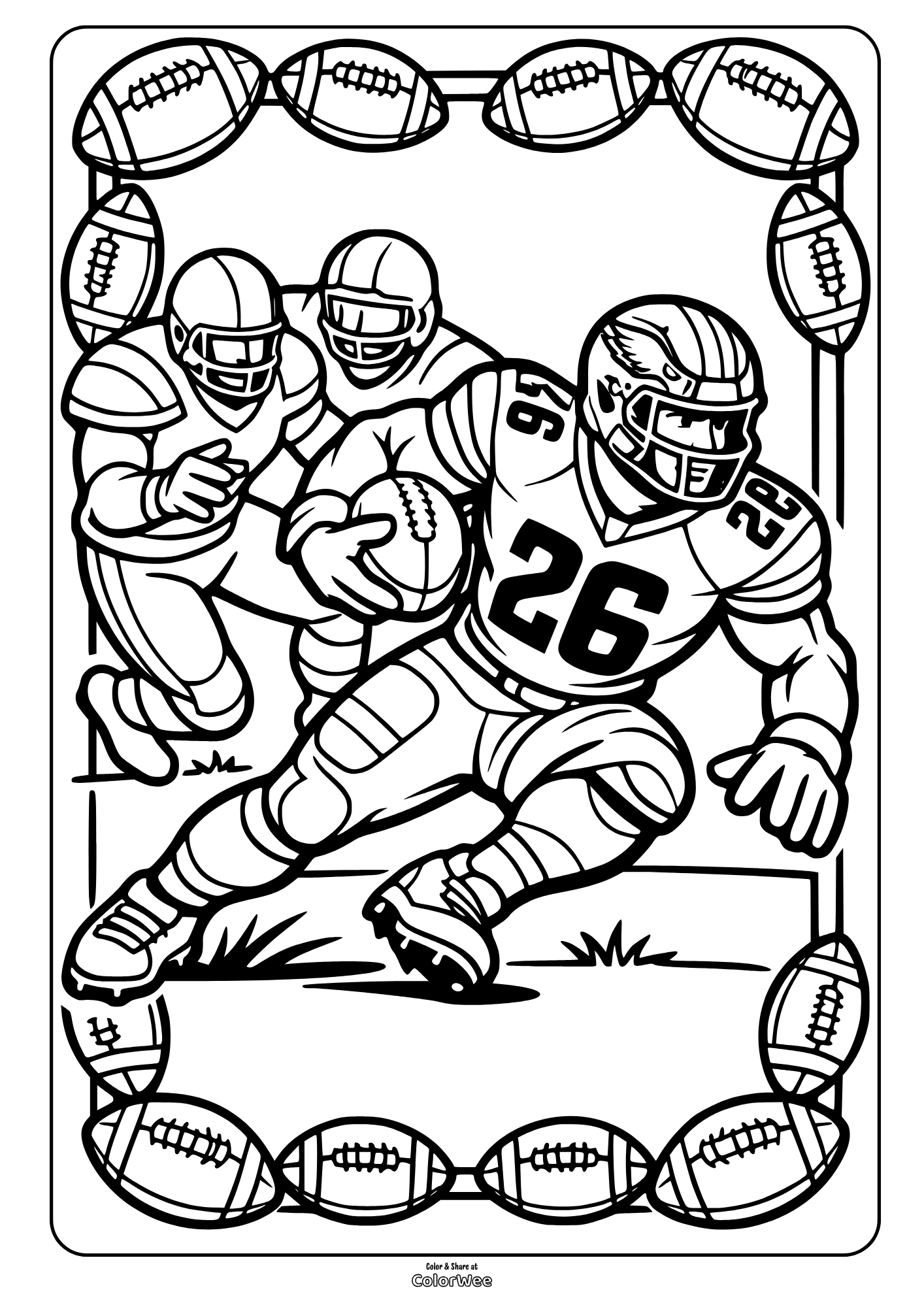 American football action coloring sheet with running back and defenders