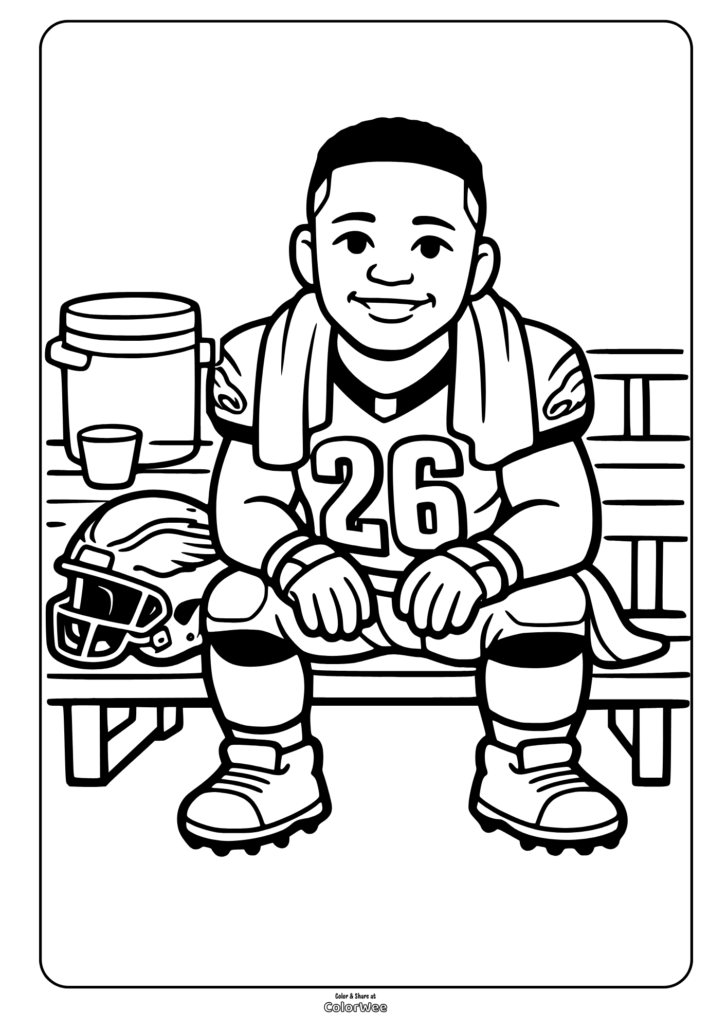 Football player Saquon Barkley on bench with helmet and towel coloring sheet