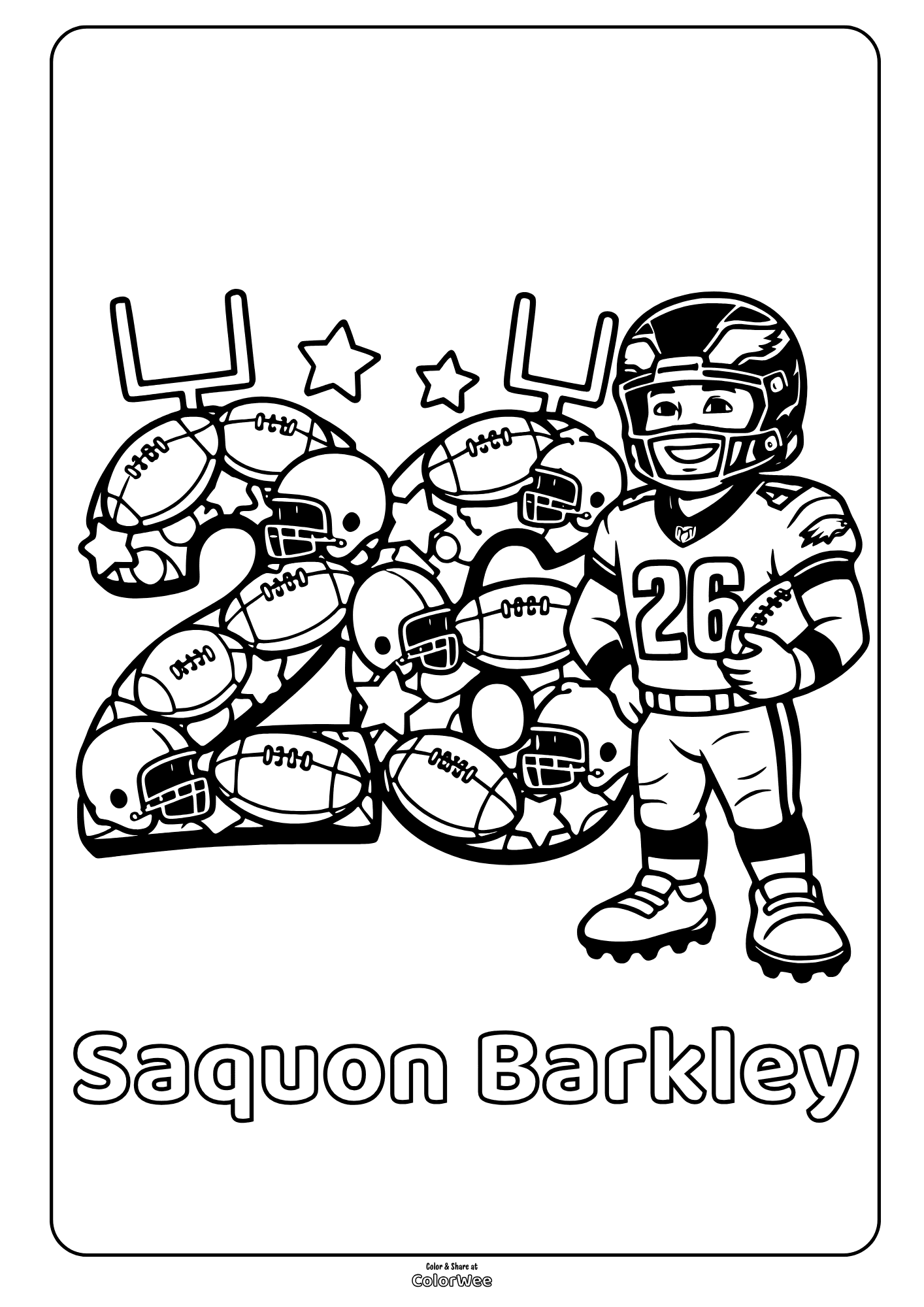Football player Saquon Barkley #26 with balls and goalposts coloring sheet