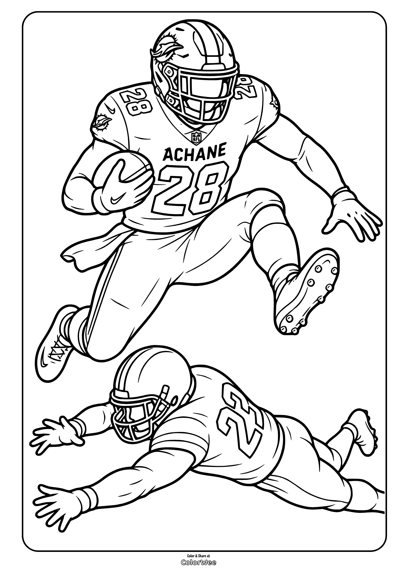 Two football players in helmets leap and dive in motion, creating a dynamic coloring picture of De’Von Achane.