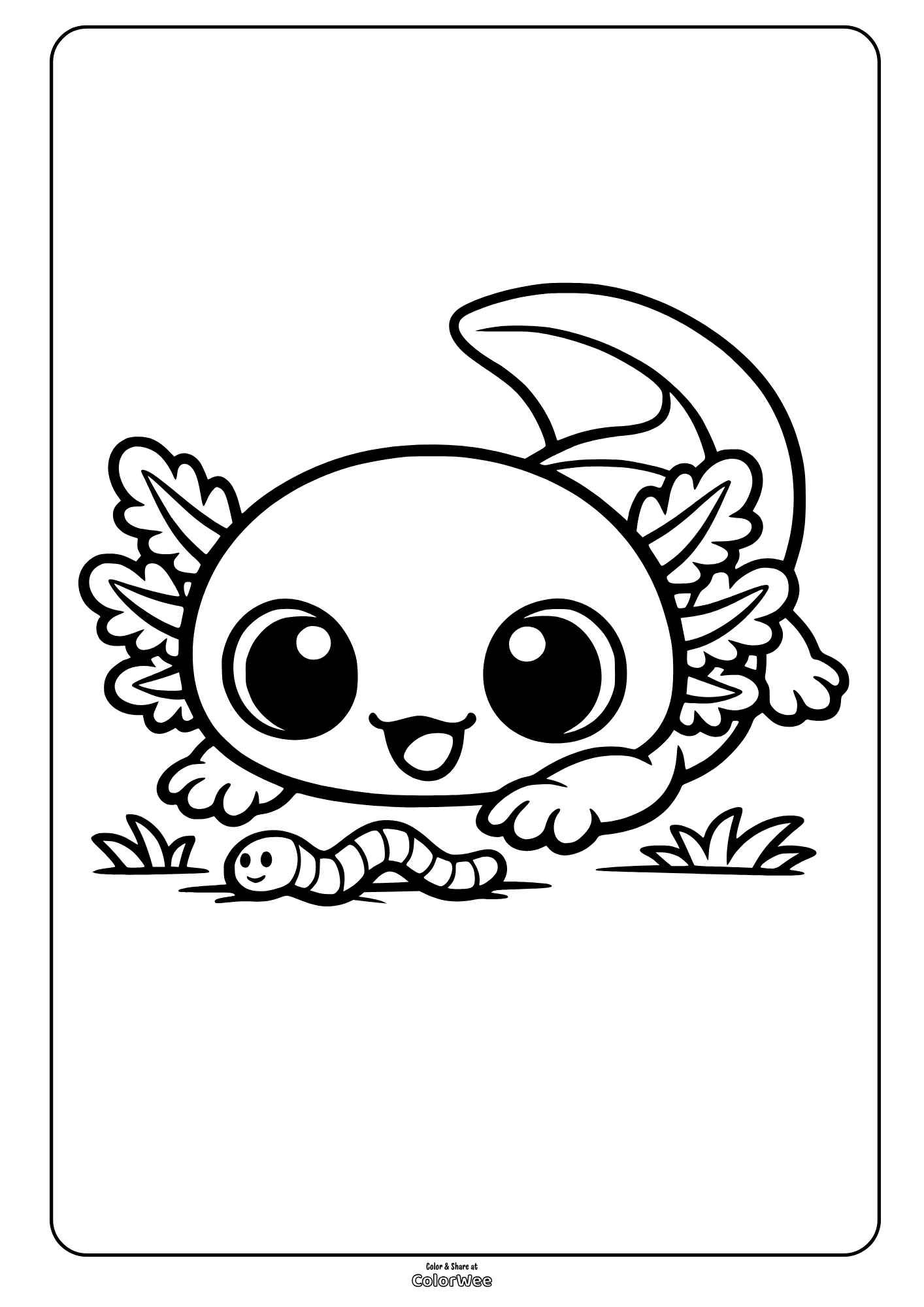 Cute kawaii axolotl with big eyes and a worm printable coloring page .