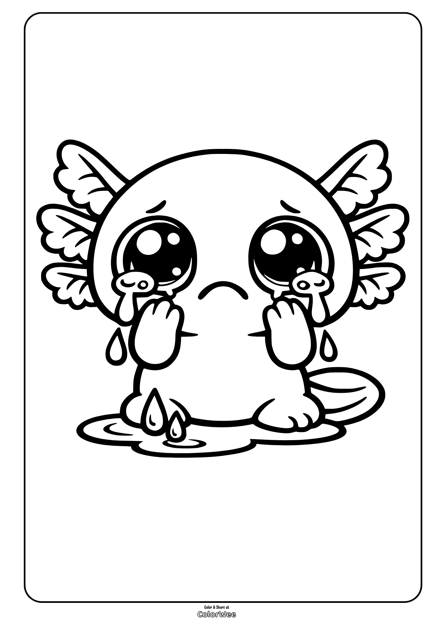 Sad kawaii axolotl coloring page - free printable cute crying cartoon for kids