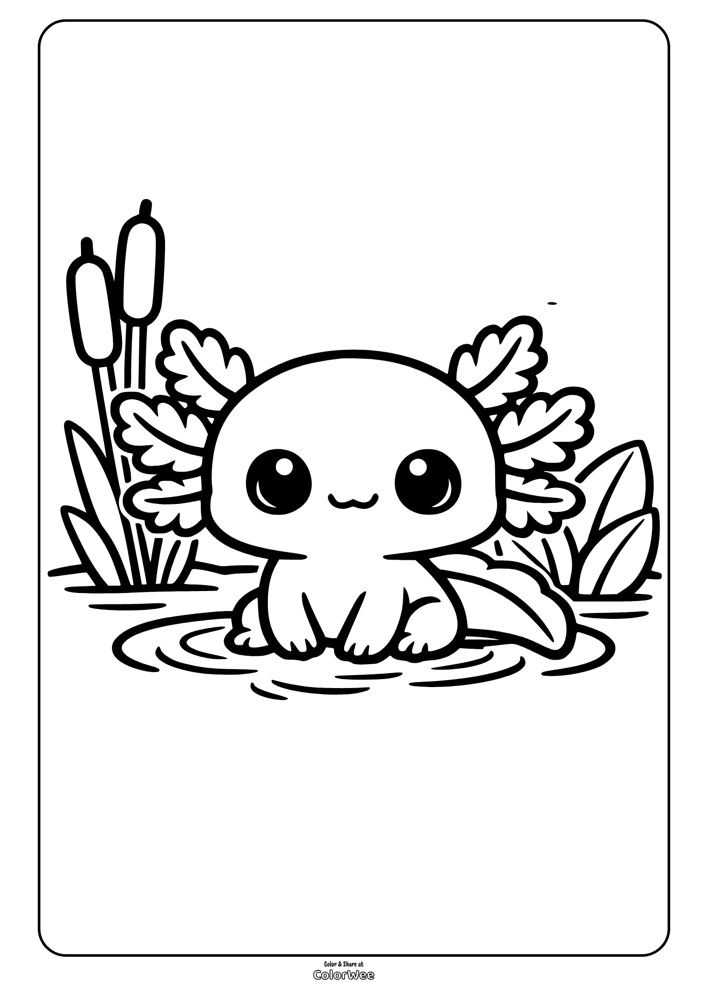Kawaii axolotl in pond with cattails coloring page for kids