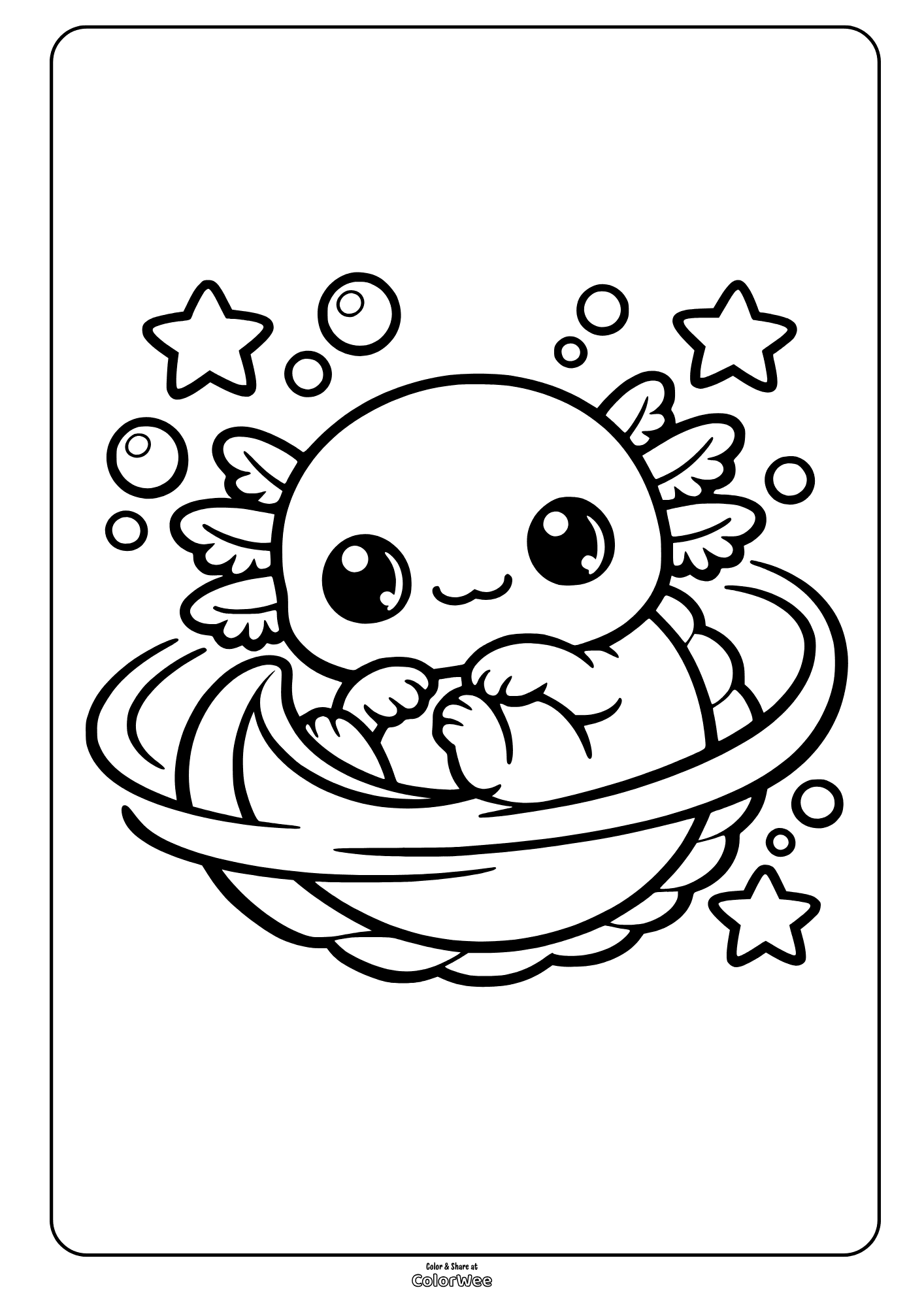 Cute kawaii axolotl coloring page with bubbles and stars