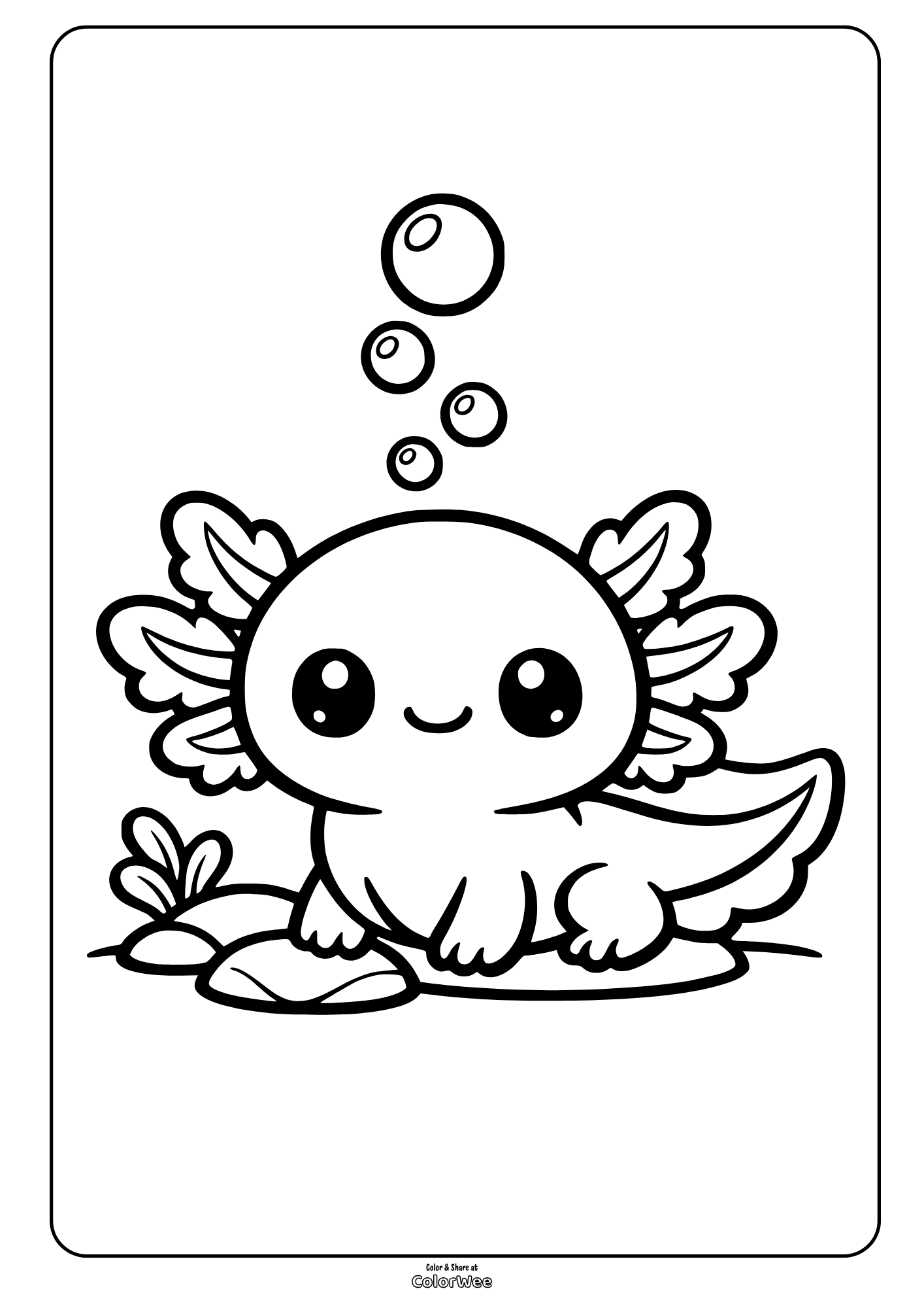 Cute kawaii axolotl underwater coloring page with bubbles.