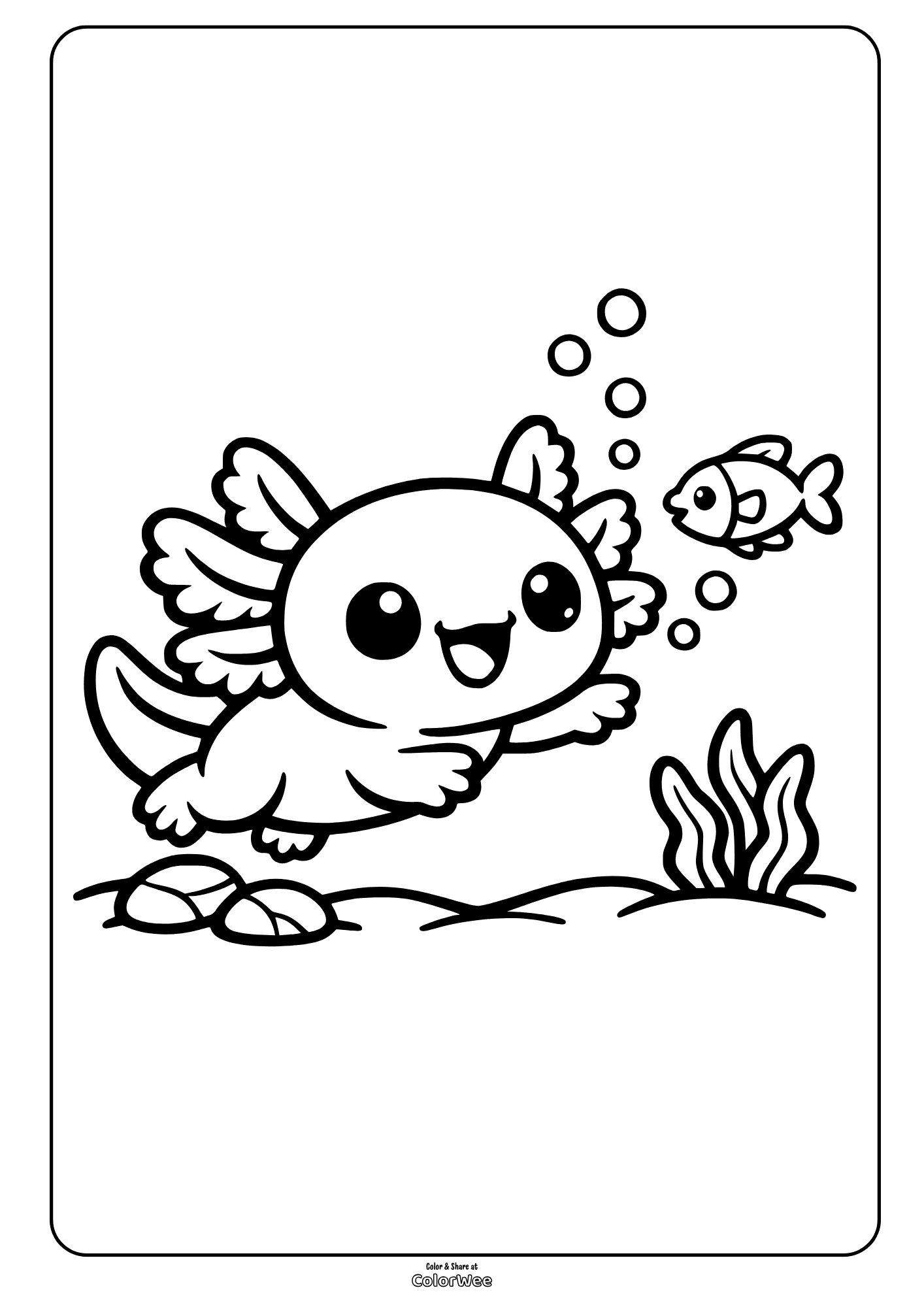 Cute kawaii axolotl and fish underwater coloring page for kids