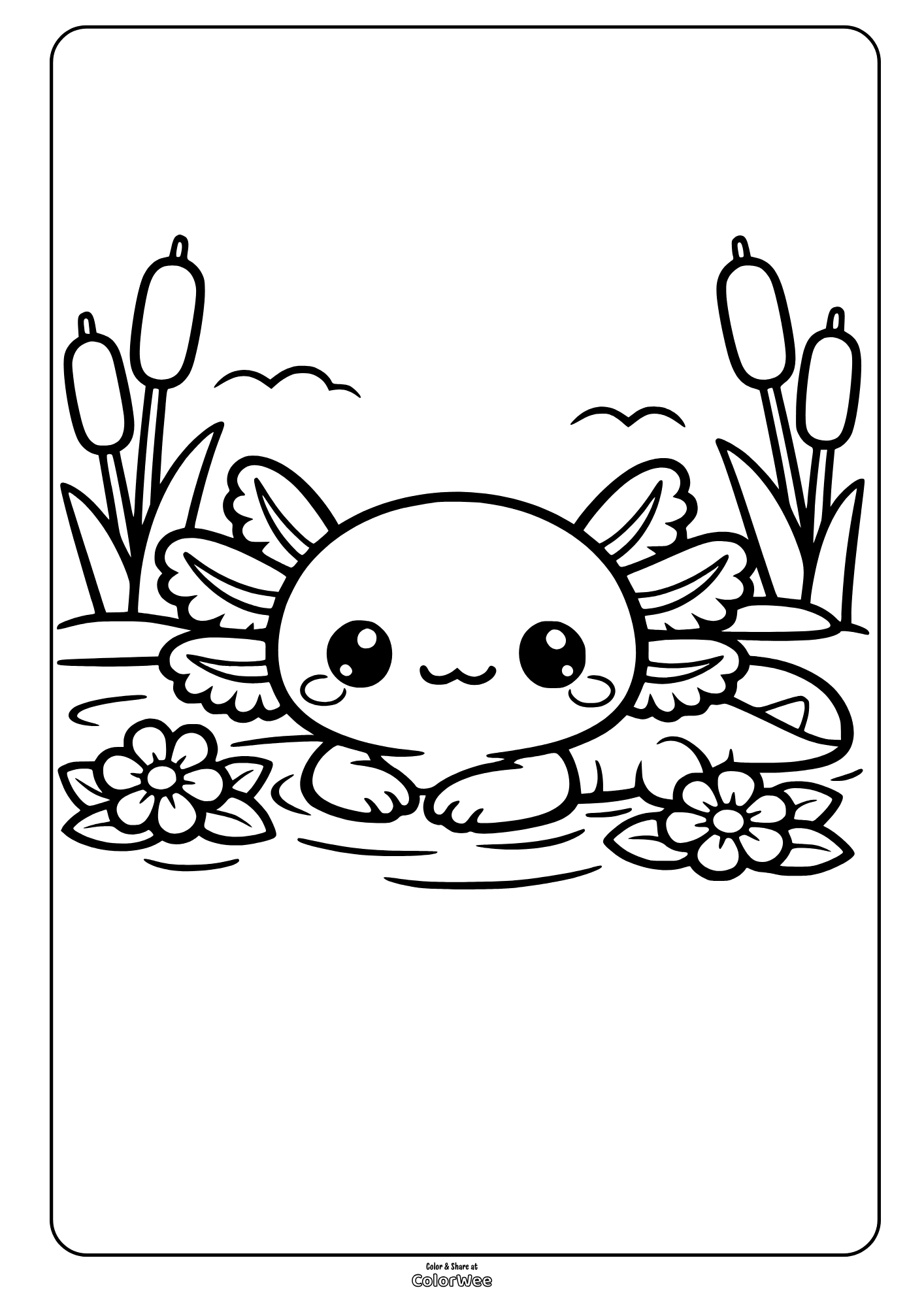 Cute kawaii axolotl pond scene with cattails and flowers coloring page