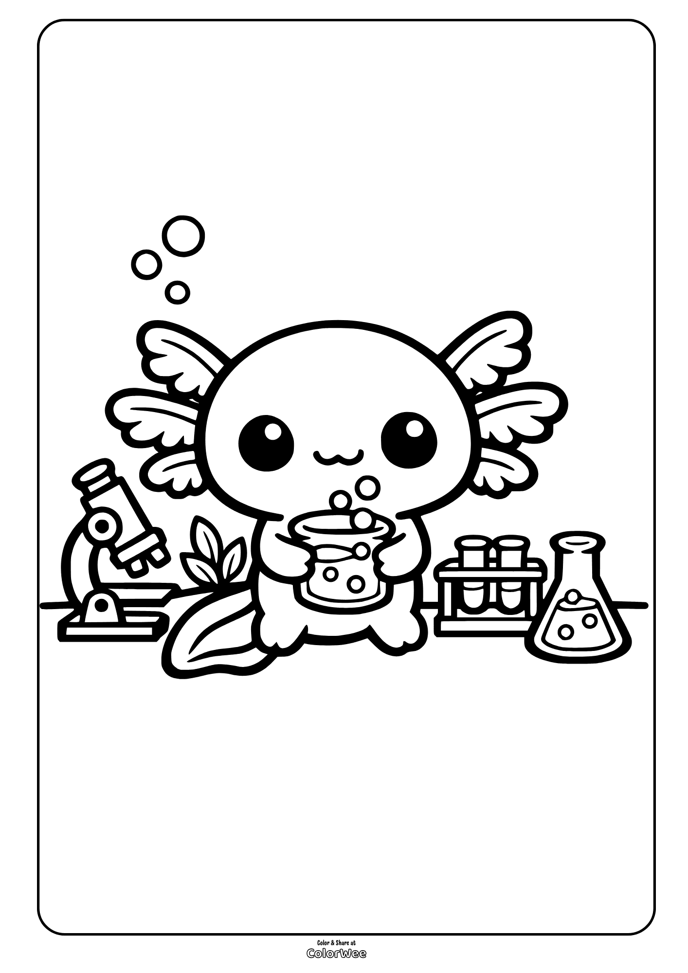 Adorable kawaii axolotl scientist with beaker and microscope coloring page