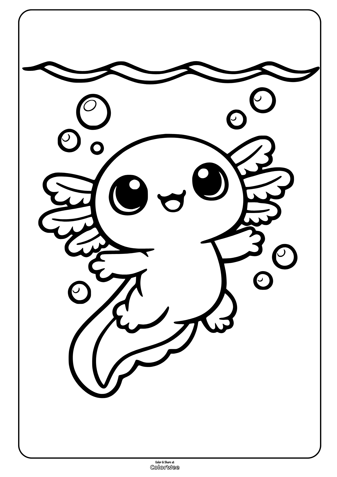 Printable kawaii cute axolotl underwater bubbles coloring page for kids