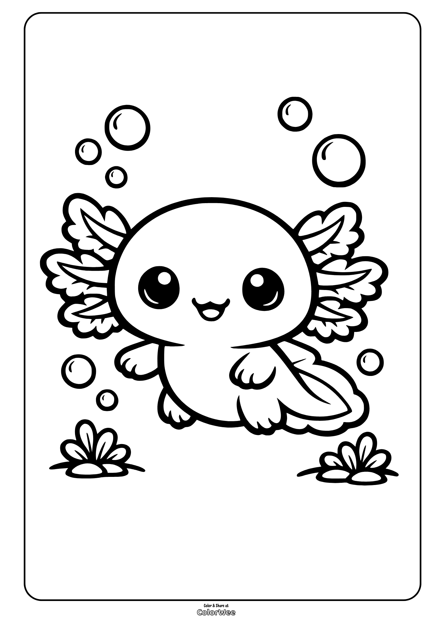 Cute kawaii axolotl underwater coloring page with bubbles and aquatic plants