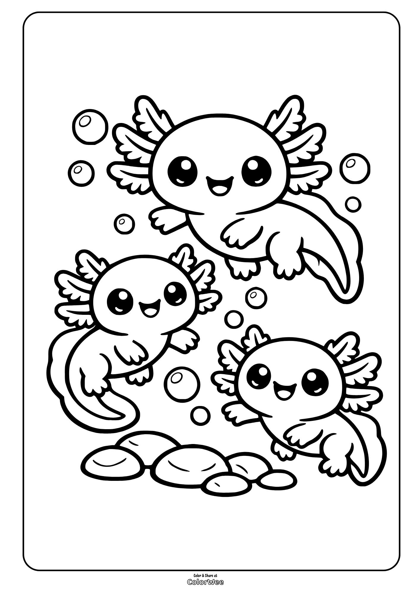 Cute kawaii axolotl trio underwater coloring page with bubbles and rocks