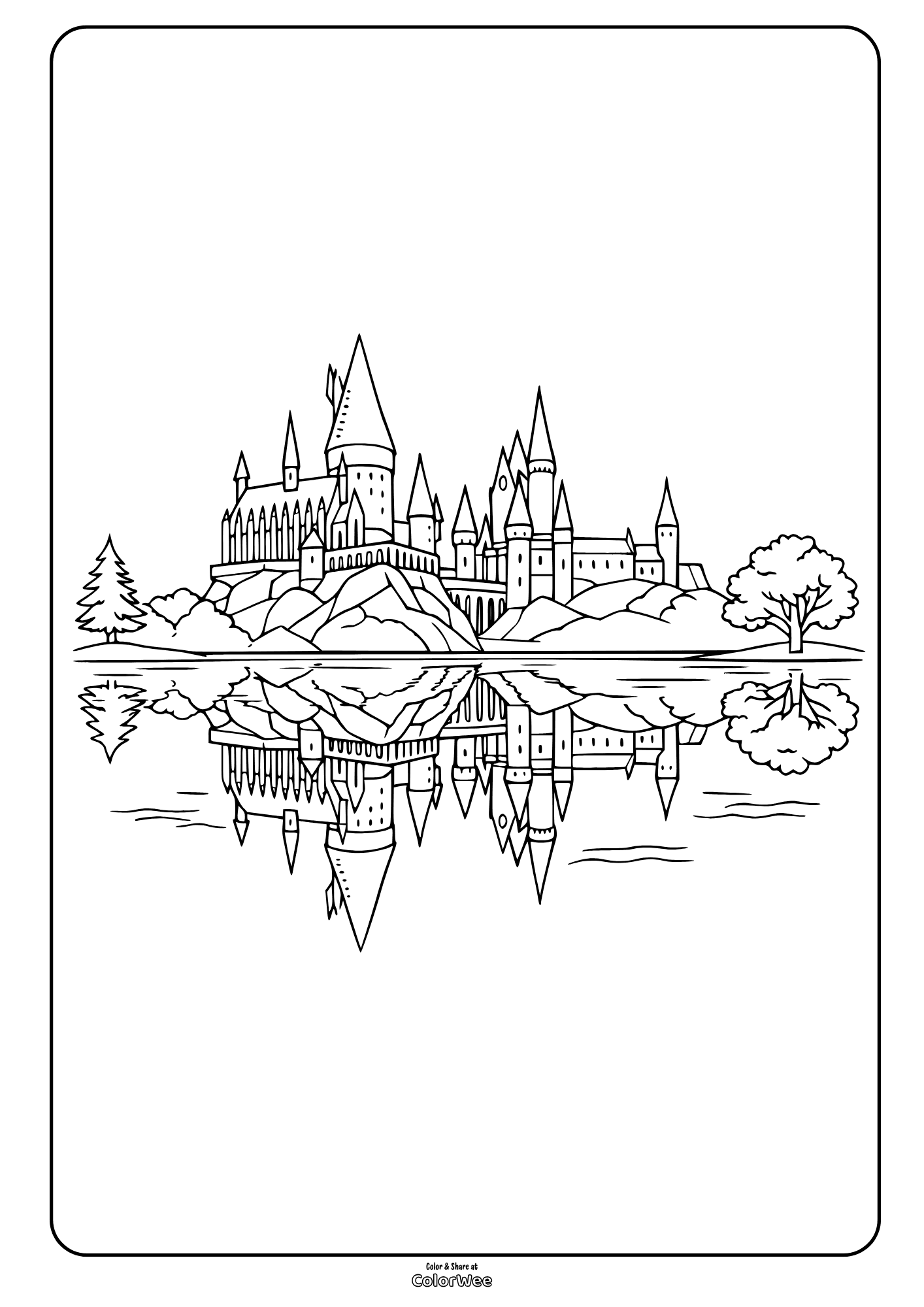 Printable Hogwart castle by lake reflection coloring page.