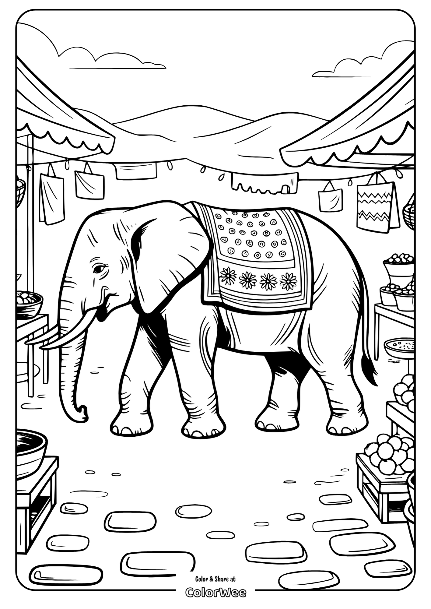 Elephant in a market coloring page, detailed and fun for kids.