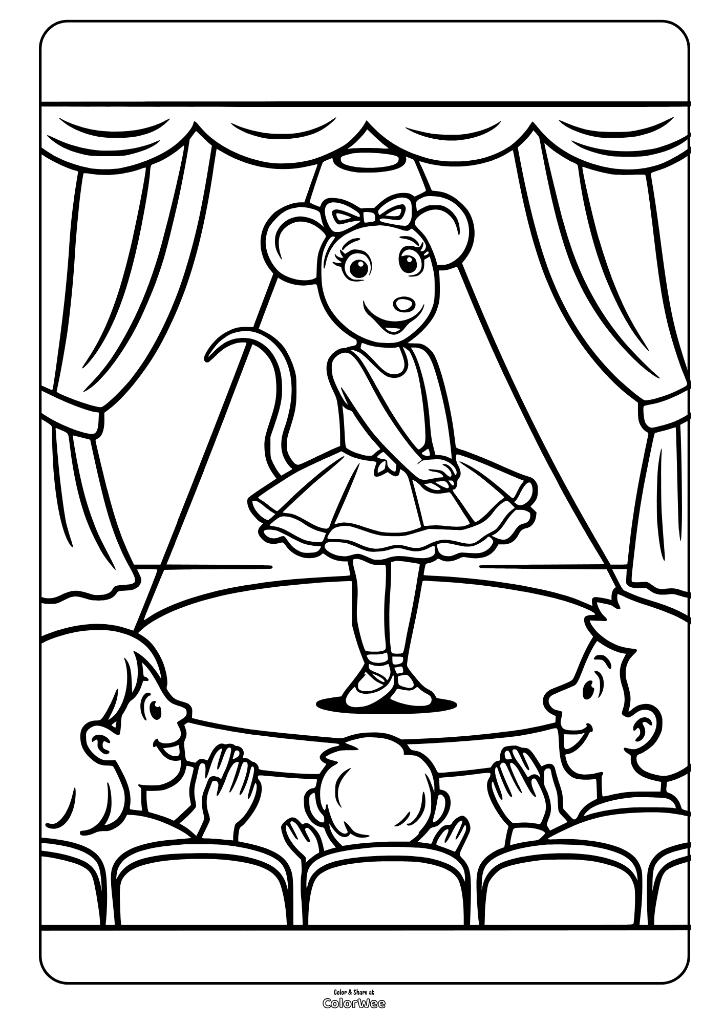 Angelina Ballerina on stage with audience clapping coloring page