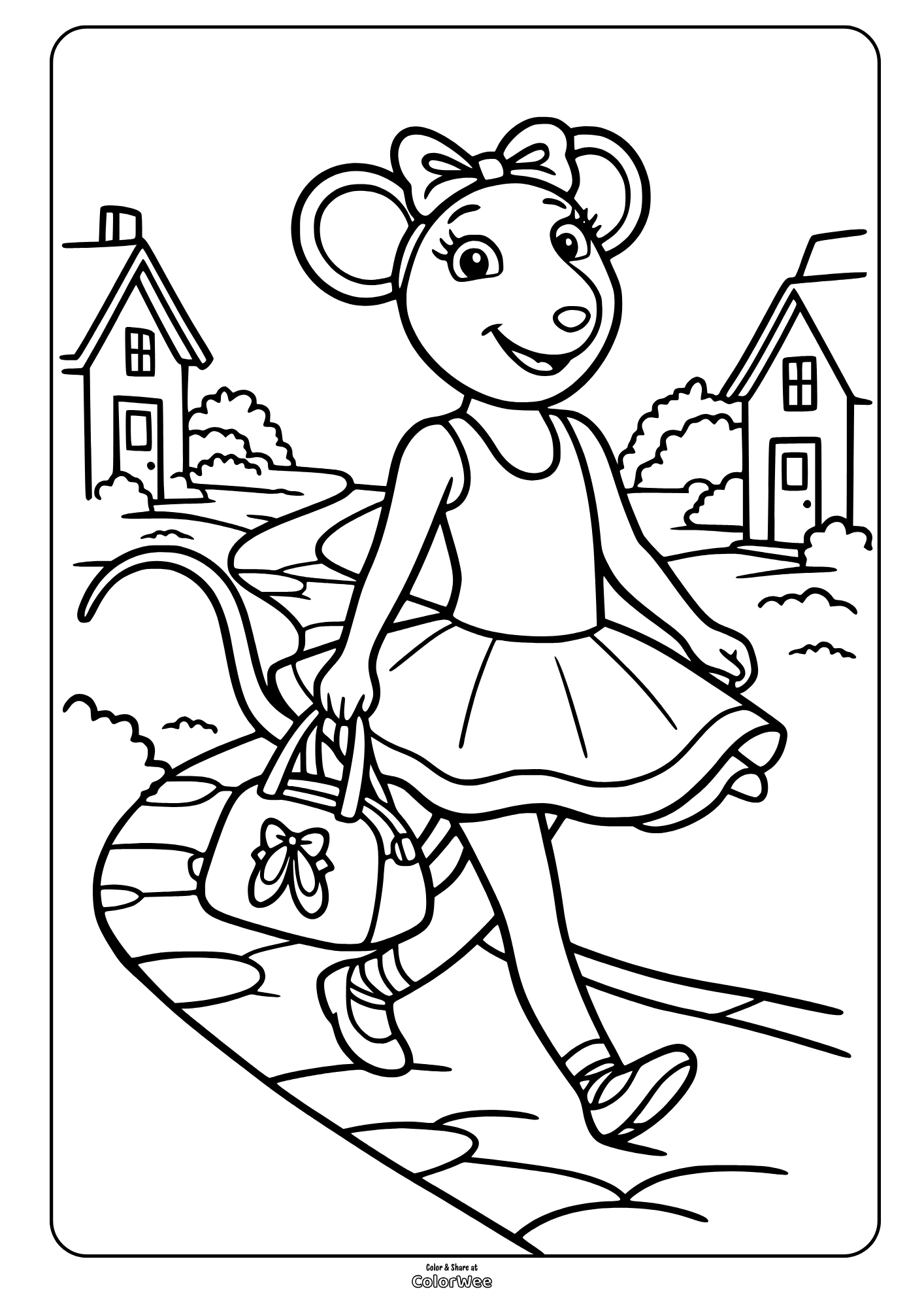 Cute Angelina Ballerina walking with bag, printable coloring page for kids