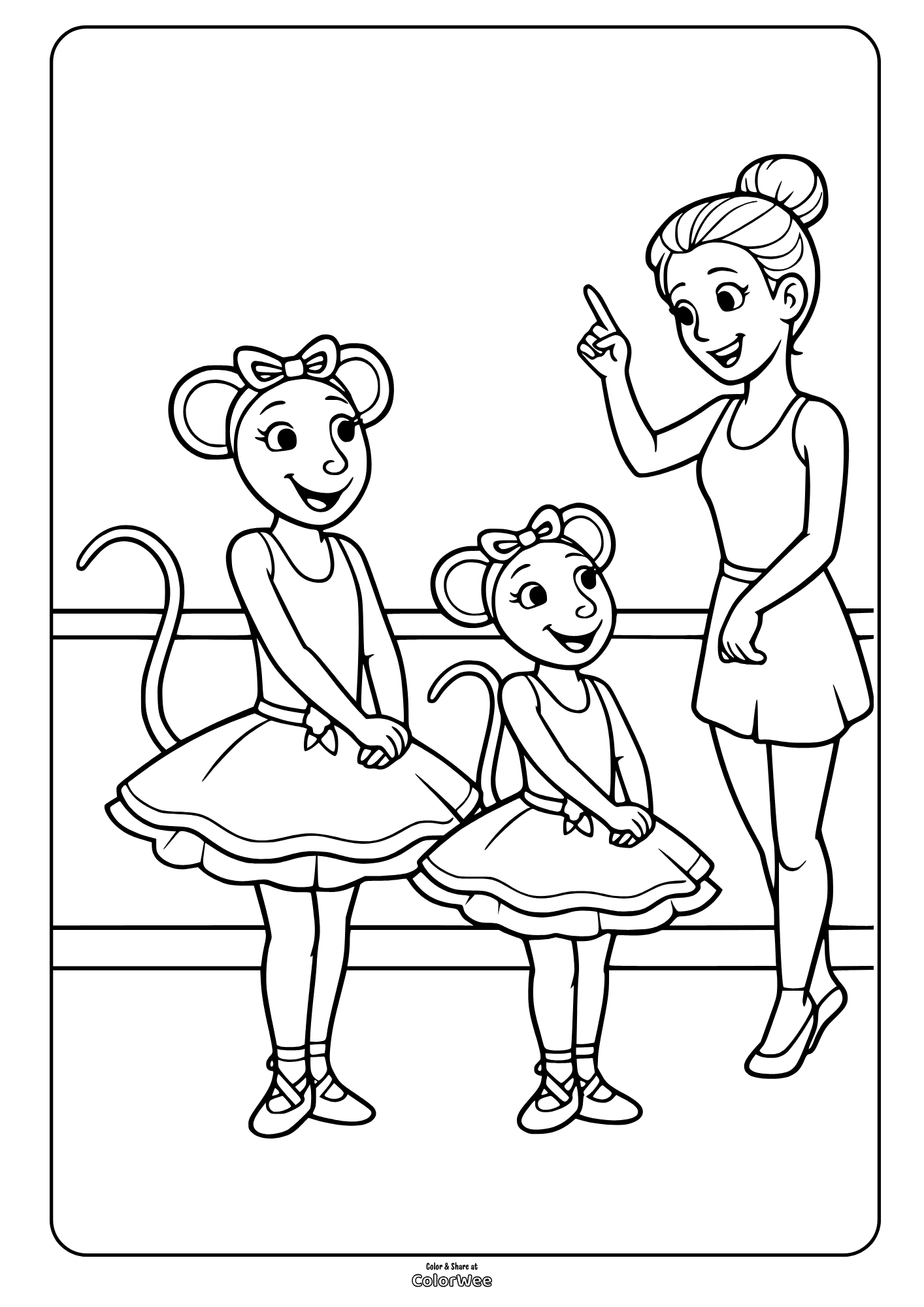 Ballet teacher with two mouse ballerinas at barre coloring page