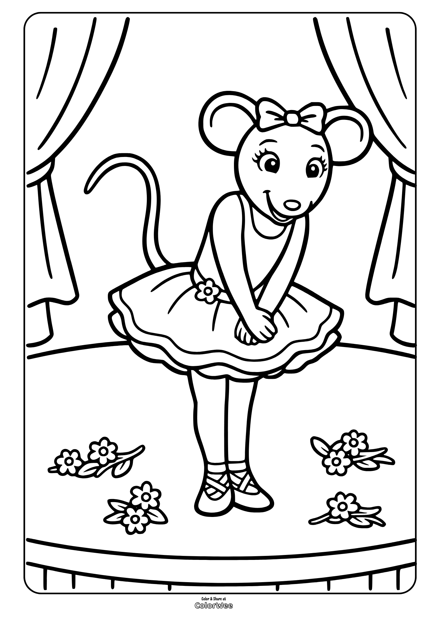 Angelina Ballerina bowing on stage with flowers coloring page for kids
