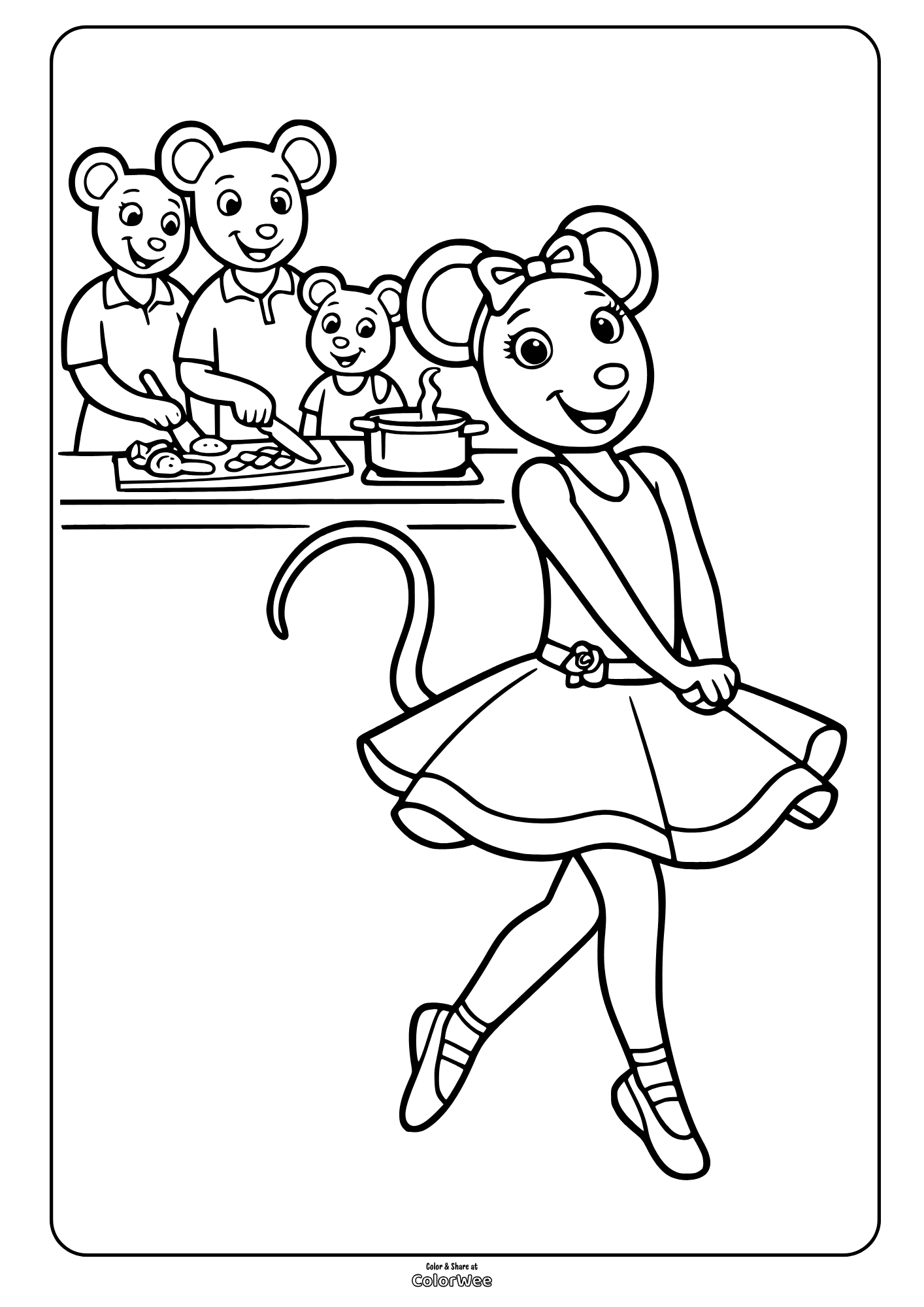 Angelina Ballerina dancing with family cooking in kitchen coloring page