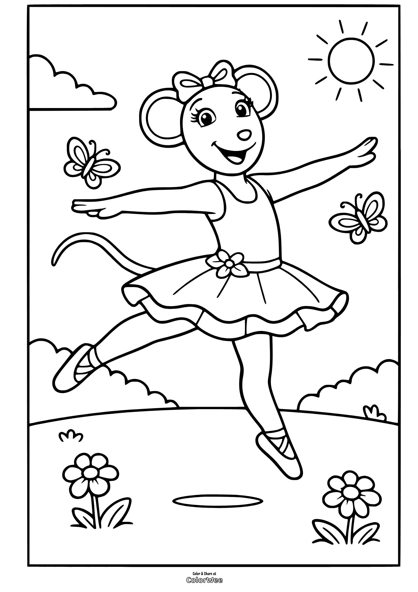Angelina Ballerina dancing with butterflies in sunny meadow coloring page