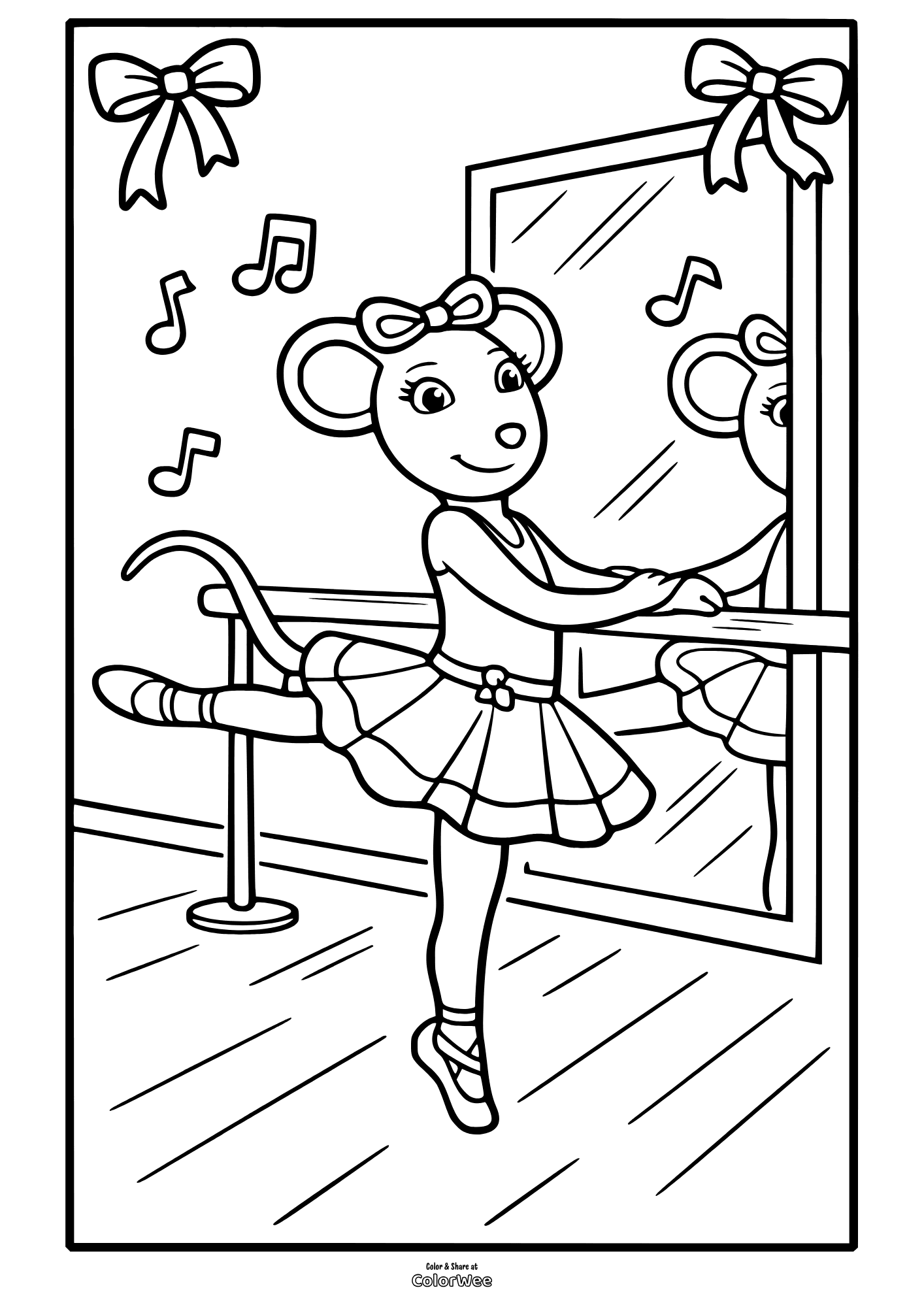 Angelina Ballerina at barre with mirror and bows coloring page