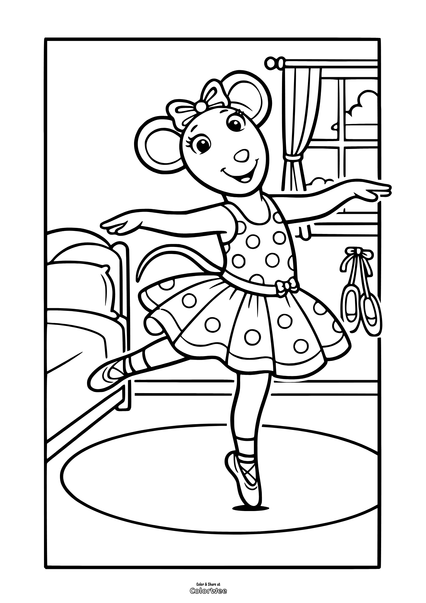 Angelina Ballerina dancing in bedroom with tutu and slippers coloring page