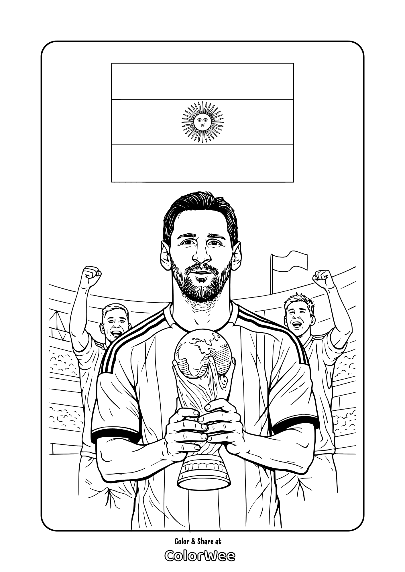 Soccer star Lionel Messi holding World Cup trophy, Argentina soccer coloring page